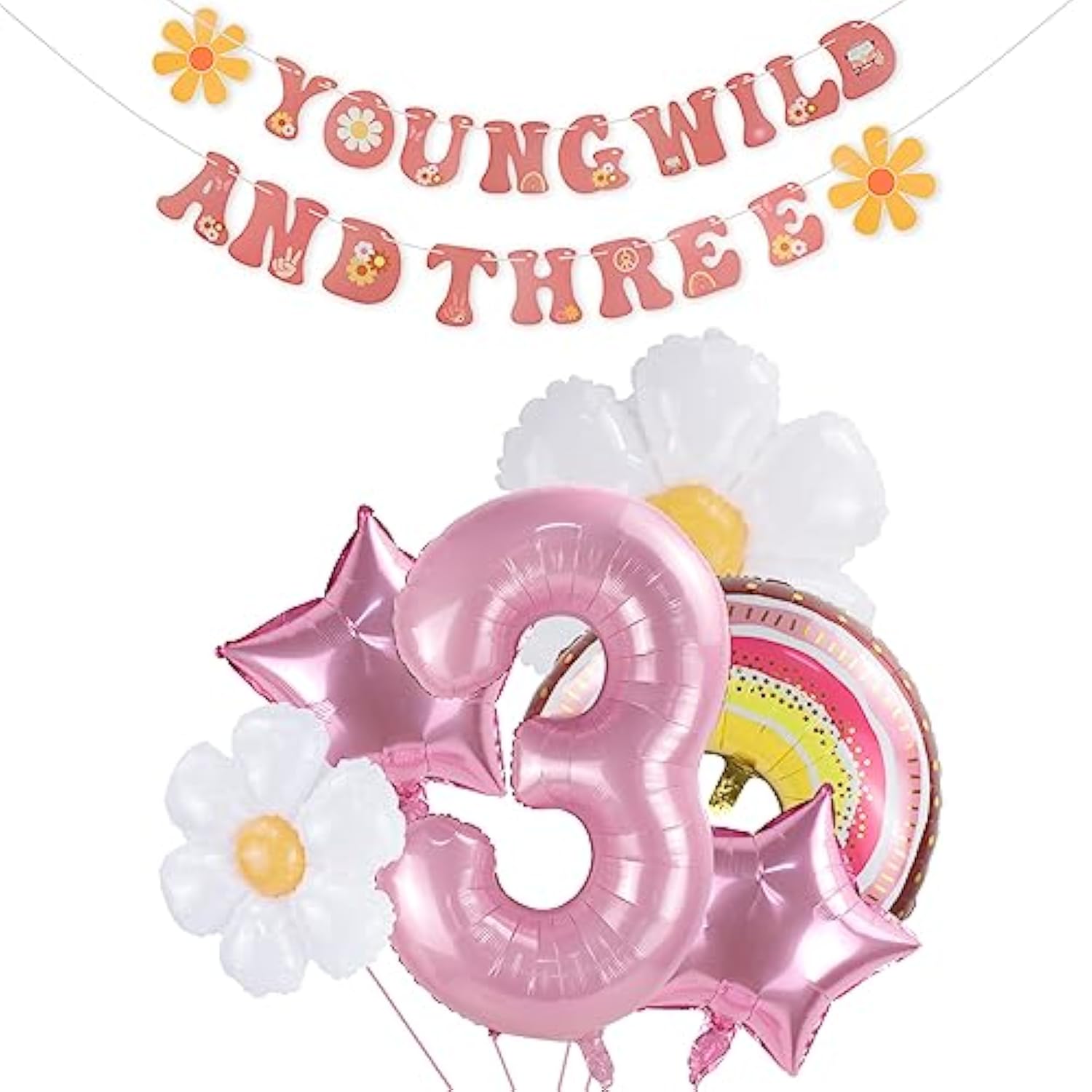 Young, Wild, and Three Banner, Groovy Retro Hippie, Daisy, Rainbow Balloon Decor
