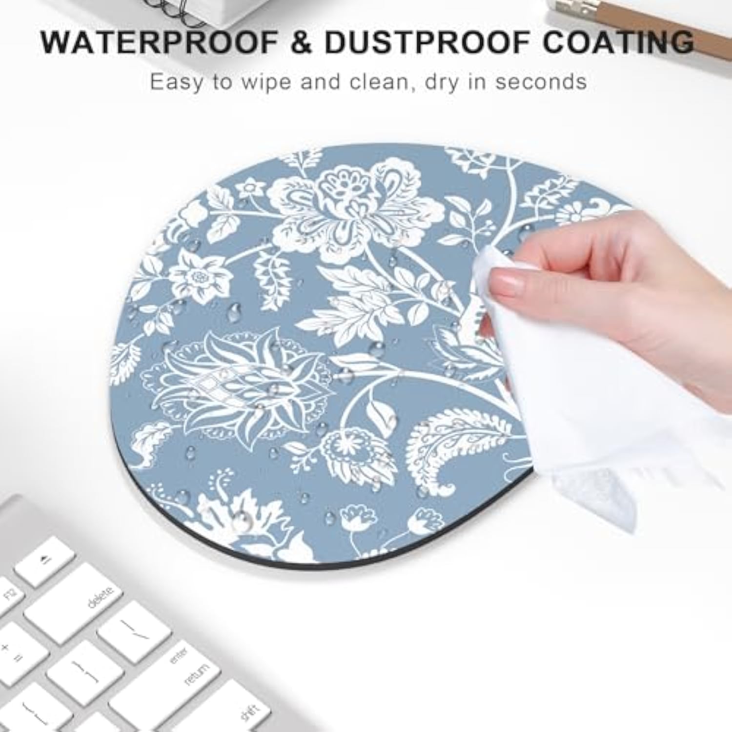 Mouse Pad, Premium-Textured Oval Computer Pad, 8.7" X 7.1" Thick 3 Mm Anti-Slip Waterproof Rubber Cute Mouse Mat For Office, Home, Gaming, Laptop, Pc, Blue Flower