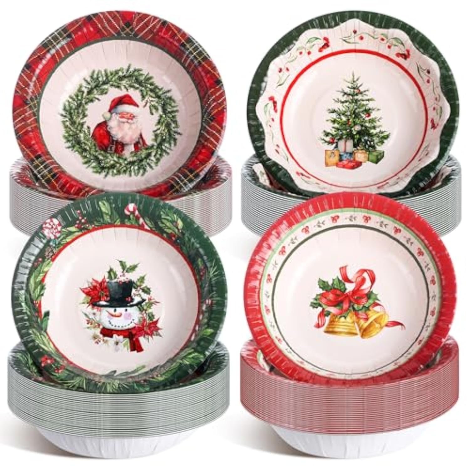 100 Pcs Christmas Paper Bowls Bulk 12 Oz Merry Christmas Disposable Bowls Red And Green Plaid Food Serving Snowman Santa Claus Snack Soup Dessert Food Tablewares For Xmas Party Favors Supplies
