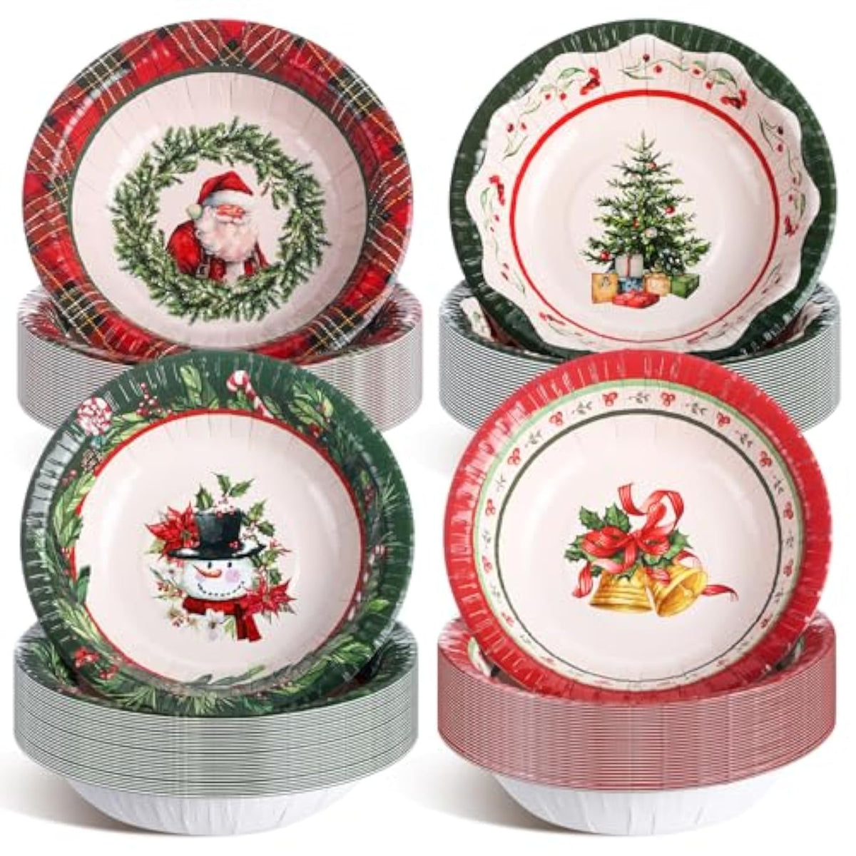 100 Pcs Christmas Paper Bowls Bulk 12 Oz Merry Christmas Disposable Bowls Red And Green Plaid Food Serving Snowman Santa Claus Snack Soup Dessert Food Tablewares For Xmas Party Favors Supplies