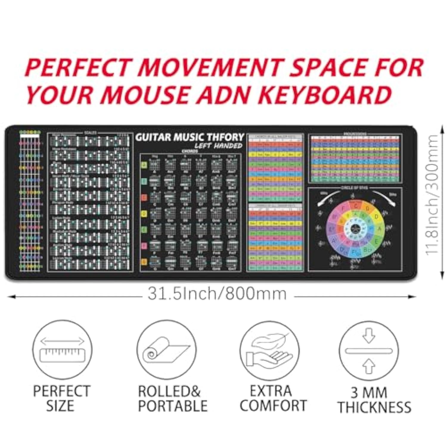 Left Handed Guitar Theory Mouse Pad Desk Pad, Chords, Circle Of Fifths, Scales, Guitar Fretboard, Music Theory All In One, Guitar Cheat Sheet Mouse Mat Desk Mat