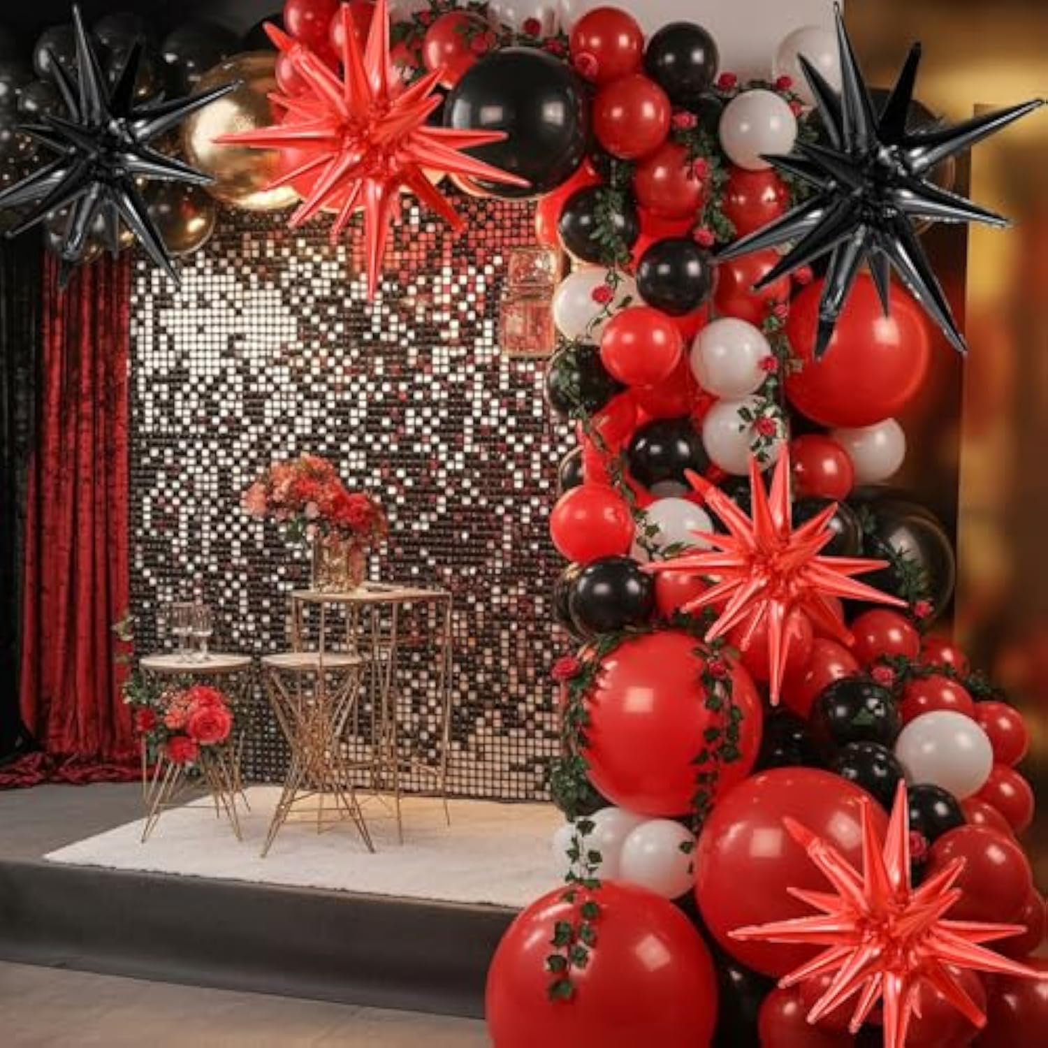 Black & Red Starburst Foil Balloons: Halloween Birthday Party Decor (9pcs)