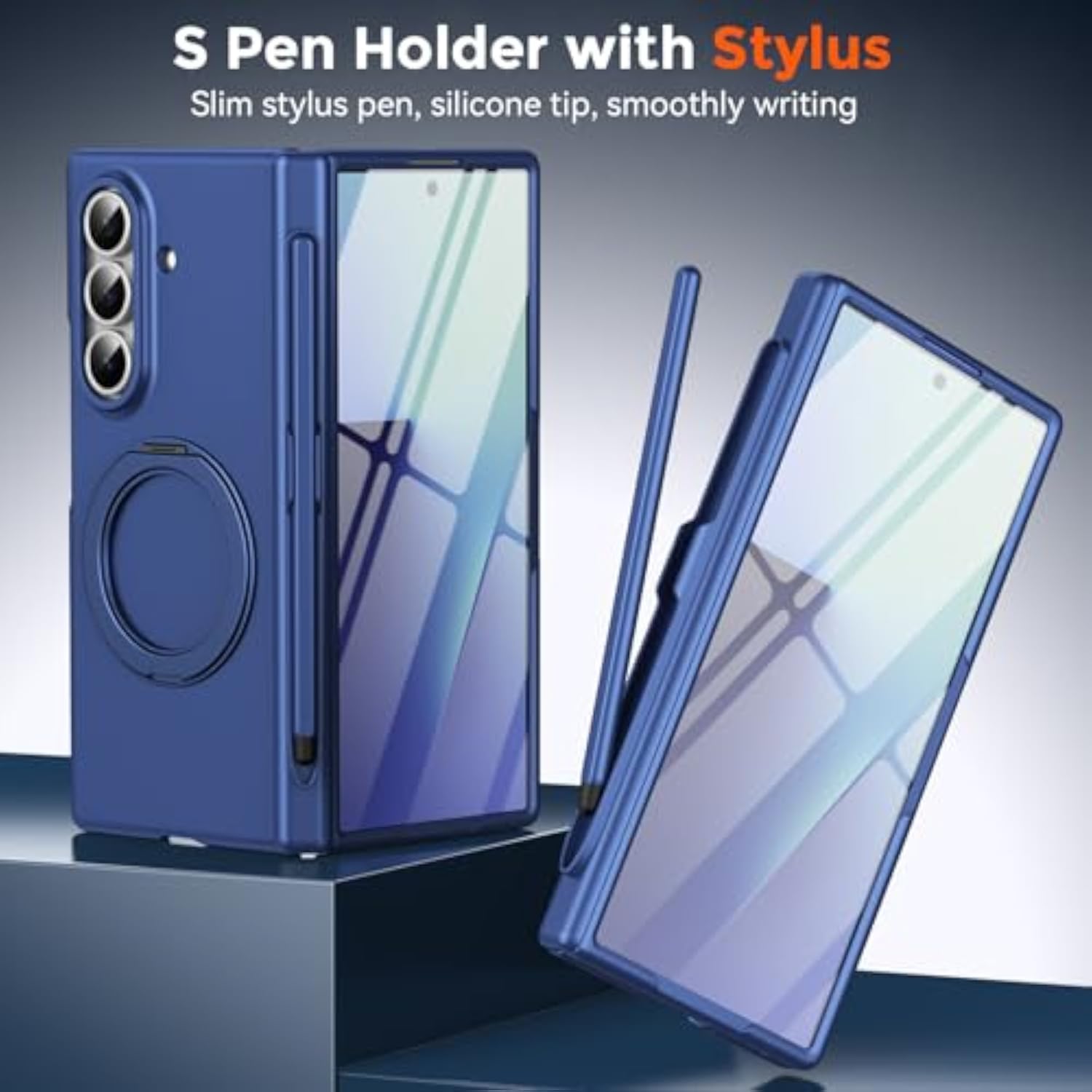 Samsung Galaxy Z Fold 7 Case with S Pen Holder & Stylus, 360° Rotating Magnetic Ring Stand Compatible Magsafe Screen Protector Hinge Cover Full Coverage Protective Case for Z Fold 7 Blue
