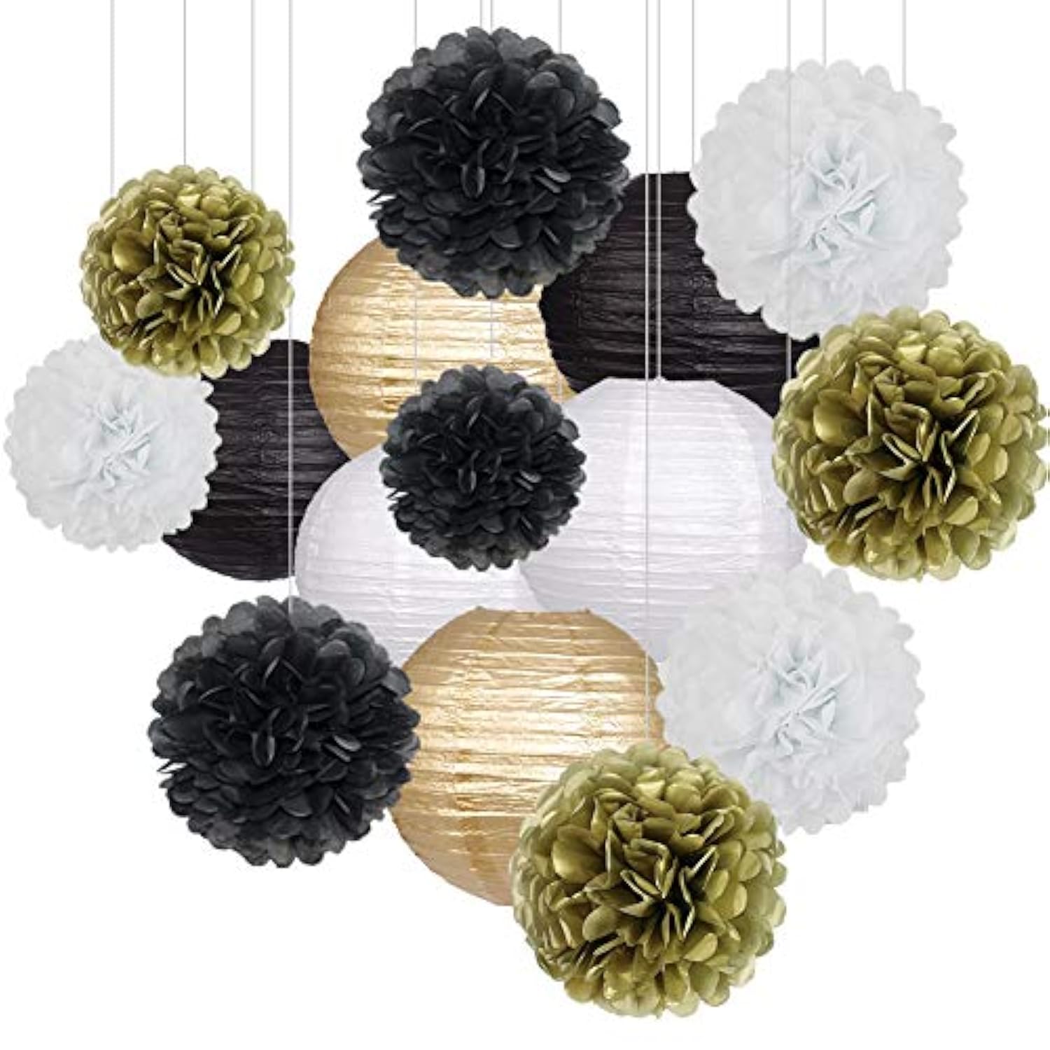 Black Gold Party Decorations, Black Gold Paper Lanterns And Pom Poms Flowers For Birthday Party Graduation Masquerade New Years Party Decor 15Pcs