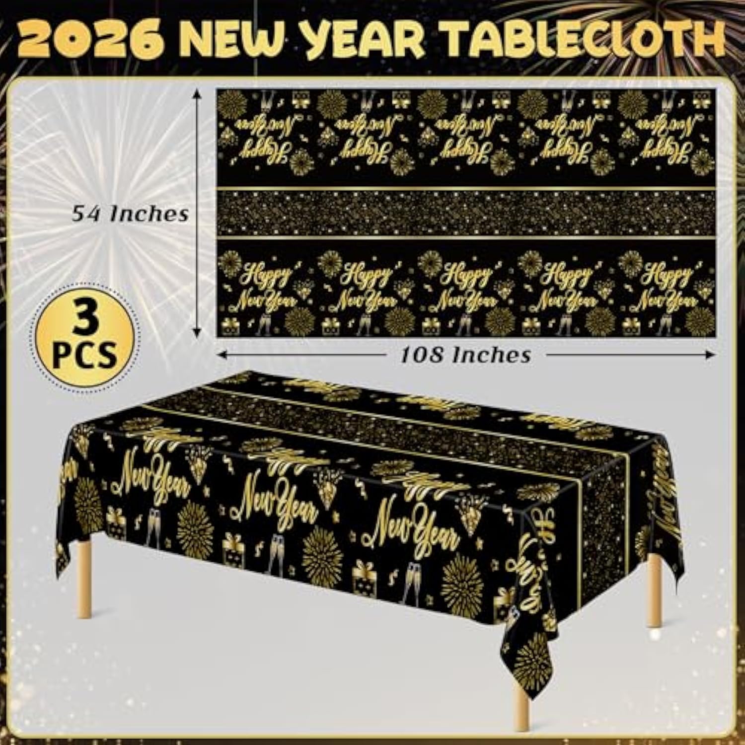 3 Pcs New Year 2026 Tablecloths 108x54in Black Gold Firework Design Disposable