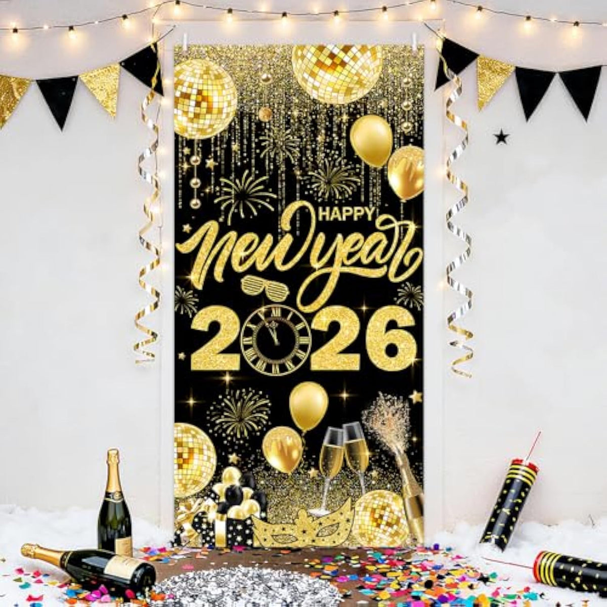 2026 Happy New Year Black & Gold Banner 35.4x70.8 Inch Party Backdrop