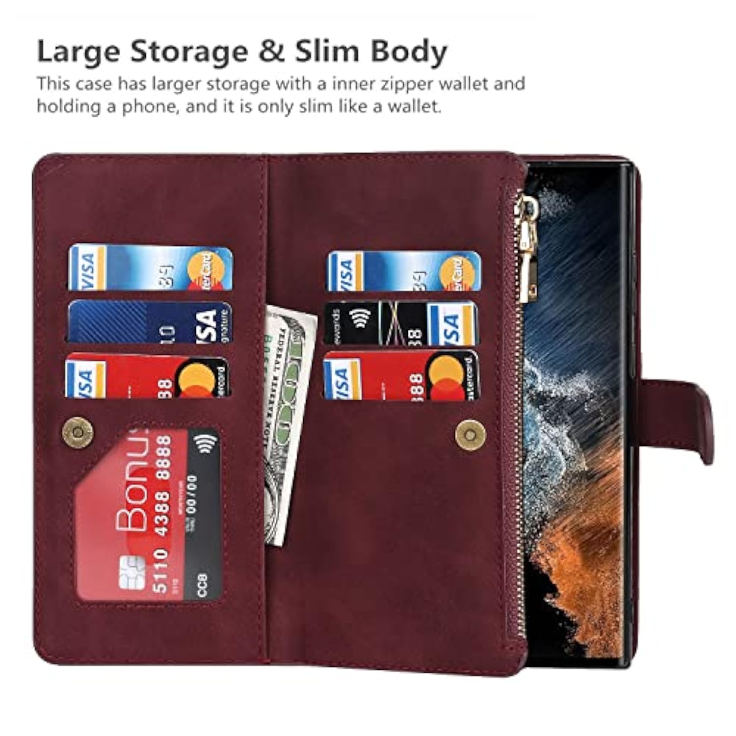 For Samsung Galaxy S22 Ultra Wallet Case With Card Holder, Kickstand Feature Pu Leather Case With Adjustable Crossbody Lanyard Magnetic Clasp Zipper Pocket Flip Cover (Claret)