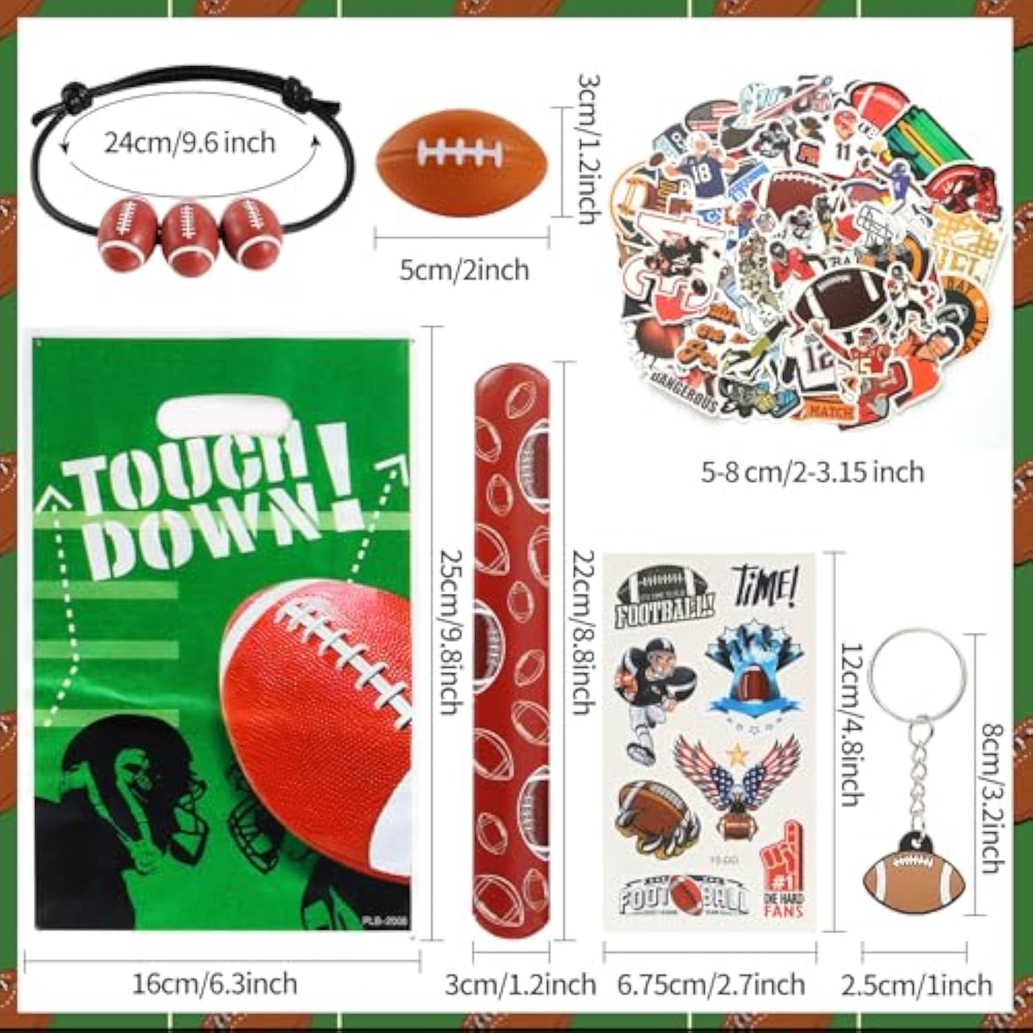 294 Pieces Football Party Favors Football Themed Birthday Gift Goodie Bags Party Faovrs 24 Set Mini Foam Stress Balls,Slap Bracelet, Keychain, Charm Bracelets