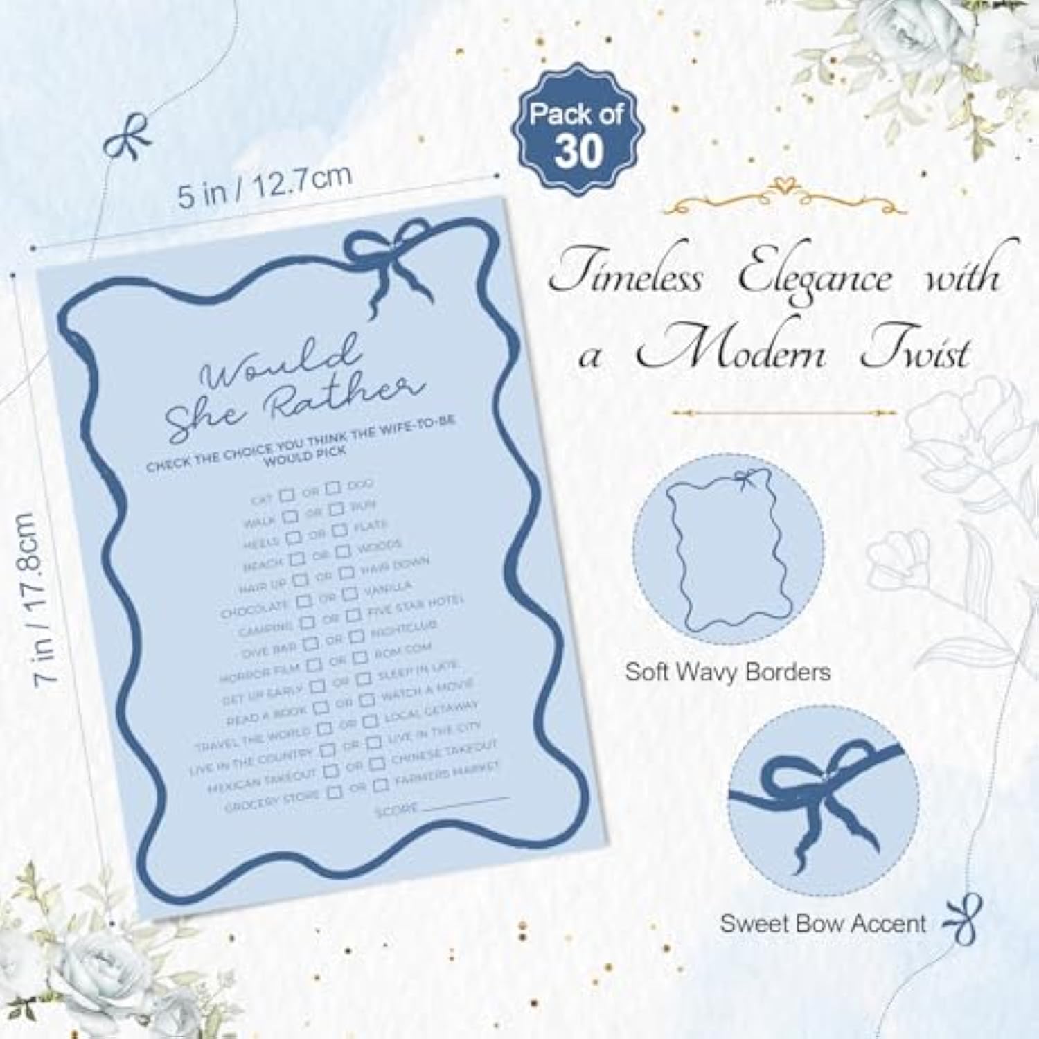 30 Pcs Bridal Shower Games Card For 30 Guests Blue Wavy Border Ribbon Bow Funny Wedding Bachelorette Party Games For Reception (Would She Rather)