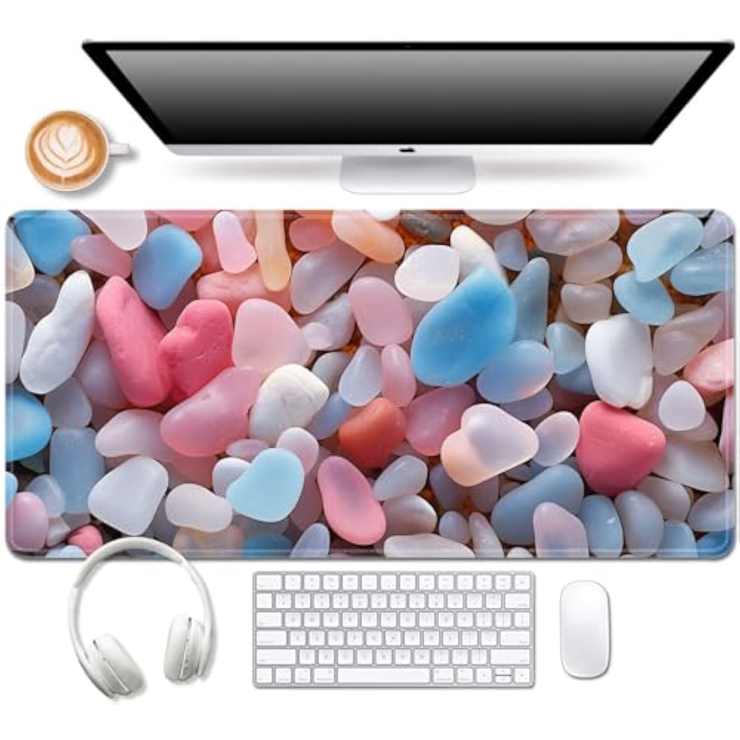Large Mouse Pad,Edge Stitched Mousepad,Non-Slip Laptop Desk Mat, Desk Writing Pad For Office And Home,31.5 X 13.8 Inch - Colorful Small Pebbles Stone