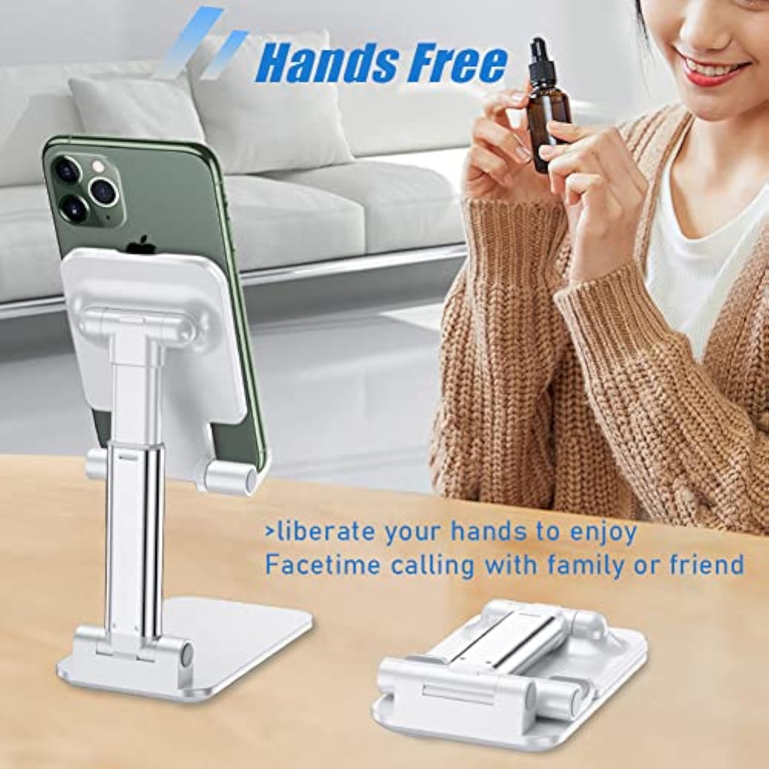 Cell Phone Stand, Angle Height Adjustable Cell Phone Holder With Silicon Pad For Desk Fully Forldable Mobile Phone Holder Compatible With All Mobile Phones, Mt6, (White)