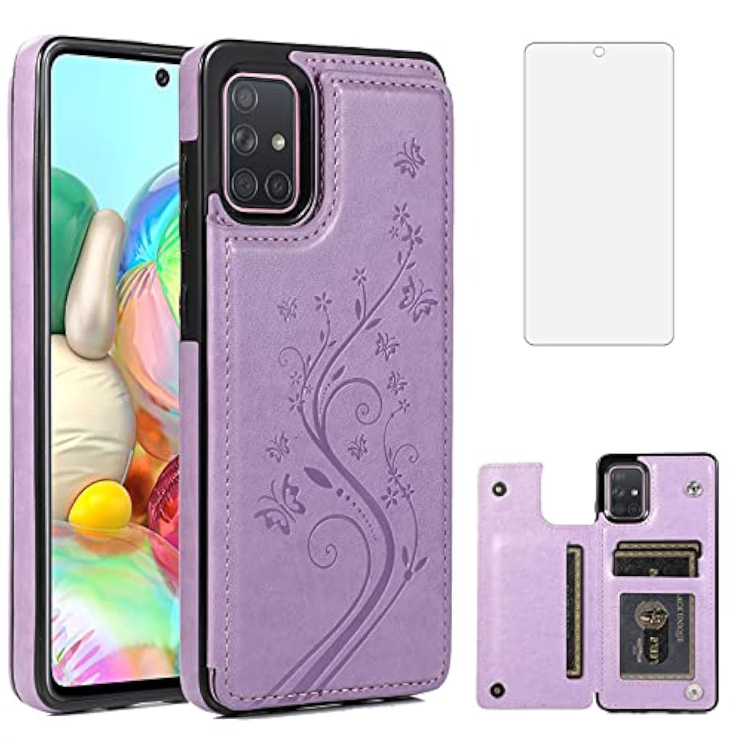 Phone Case For Samsung Galaxy A71 5G With Tempered Glass Screen Protector And Card Holder Wallet Cover Stand Flip Leather Cell Accessories Glaxay A 71 G5 Gaxaly 71A S71 Cases Women Girl Purple