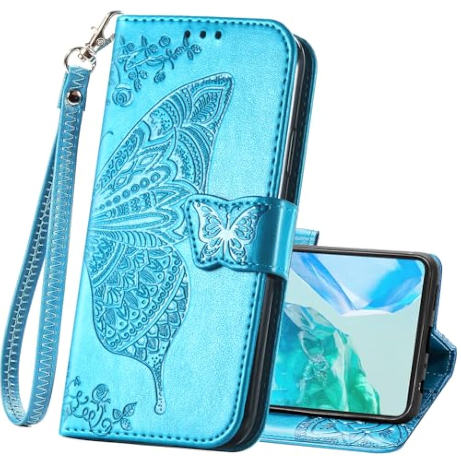 Wallet Case For Samsung Galaxy A16 5G,Pu Leather Flip Protective Phone Case Wrist Strap Card Slots Holder Pocket Emboss Butterfly Flower Stand Case For Samsung Galaxy A16 Blue