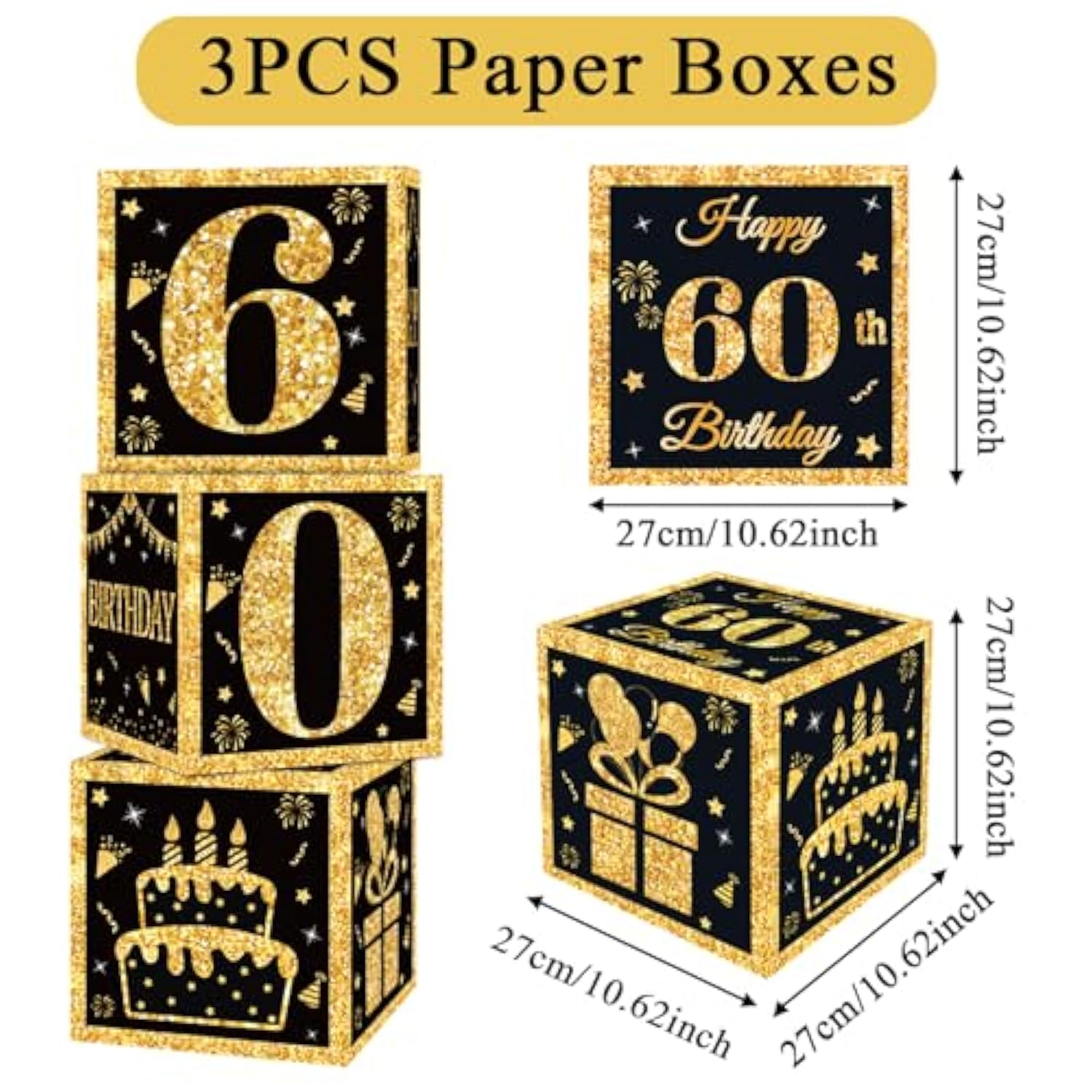 3 Pc Black/Gold 60th Birthday Balloon Boxes: Party Decorations for Men & Women