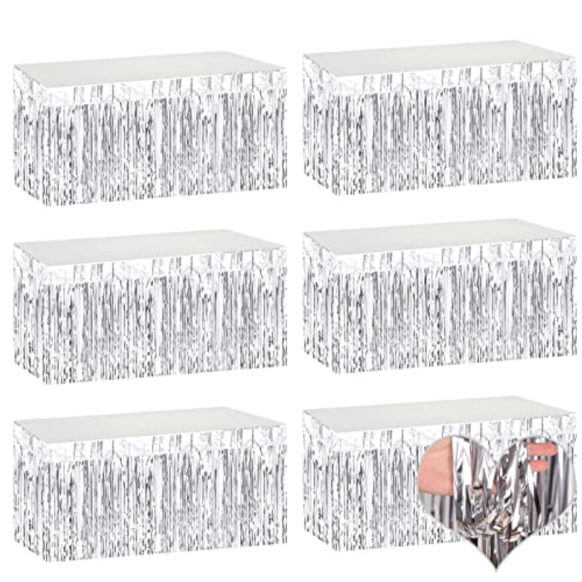 6 Pack 29X108 Inch 2024 New Year Metallic Foil Fringe Table Skirts Banner For Tinsel Streamer Garland Curtains Backdrop For Parade Floats Wedding Baby Shower Birthday Party Decoration Silver