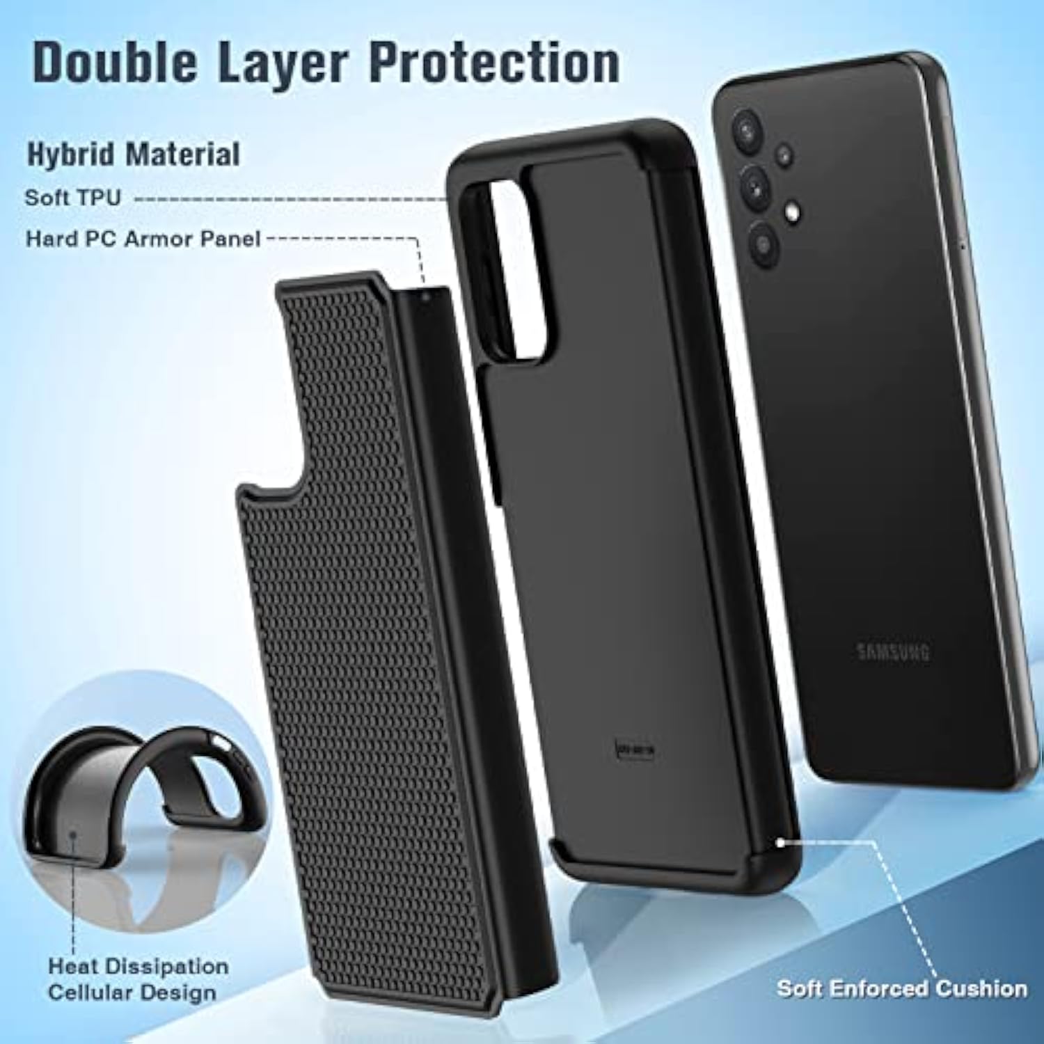 For Galaxy A32-5G Phone Case: Samsung Galaxy A32 5G Dual Layer Protective Heavy Duty Cover Shockproof Rugged With Non Slip Textured Back - Military Protection Bumper Tough 6.5Inch (Black)