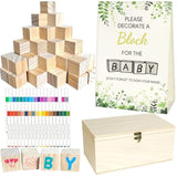 98Pcs Baby Shower Games Sign Kit, Baby Shower Blocks To Decorate - 60 Blank Wooden Blocks(1.5 Inches Each),36 Markers,A Baby Shower Sign And Wooden Storage Box,Fun Party Favors