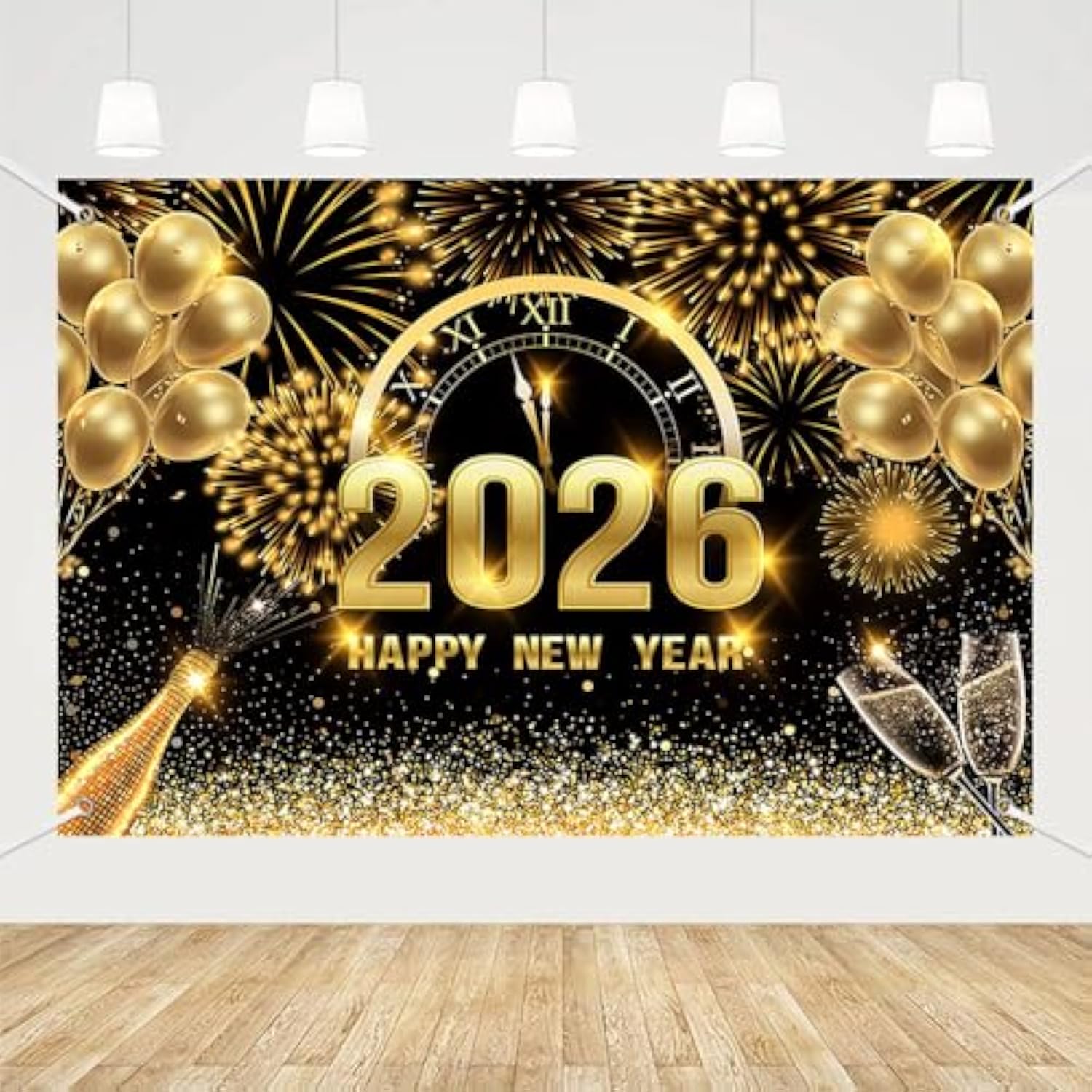 7x5ft Black Gold 2026 Happy New Year Backdrop Champagne Fireworks Banner