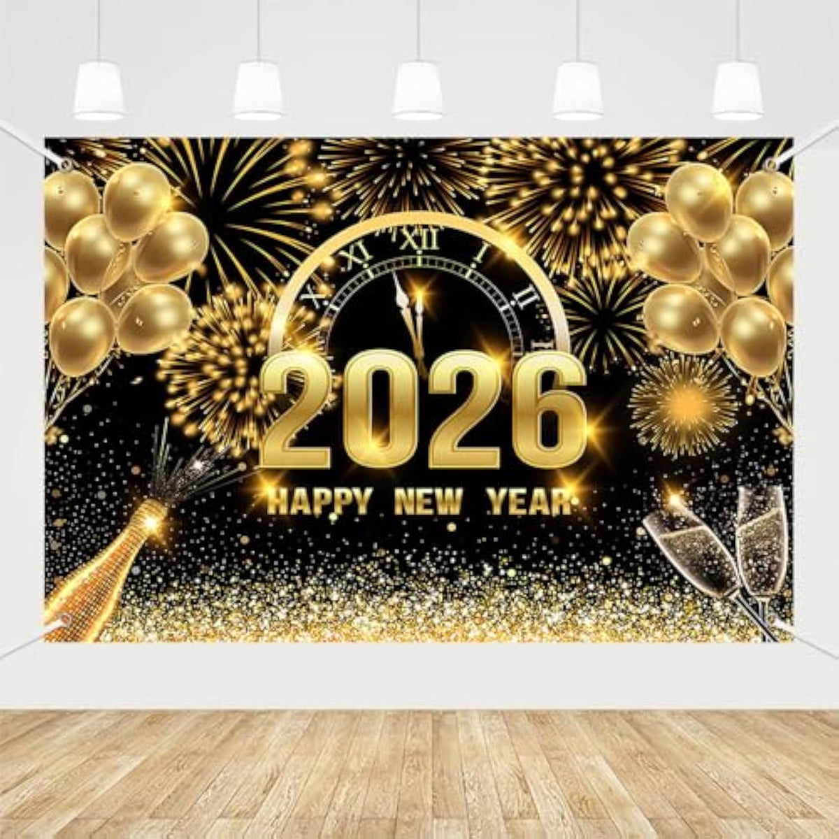 7x5ft Black Gold 2026 Happy New Year Backdrop Champagne Fireworks Banner