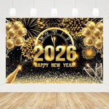 7x5ft Black Gold 2026 Happy New Year Backdrop Champagne Fireworks Banner