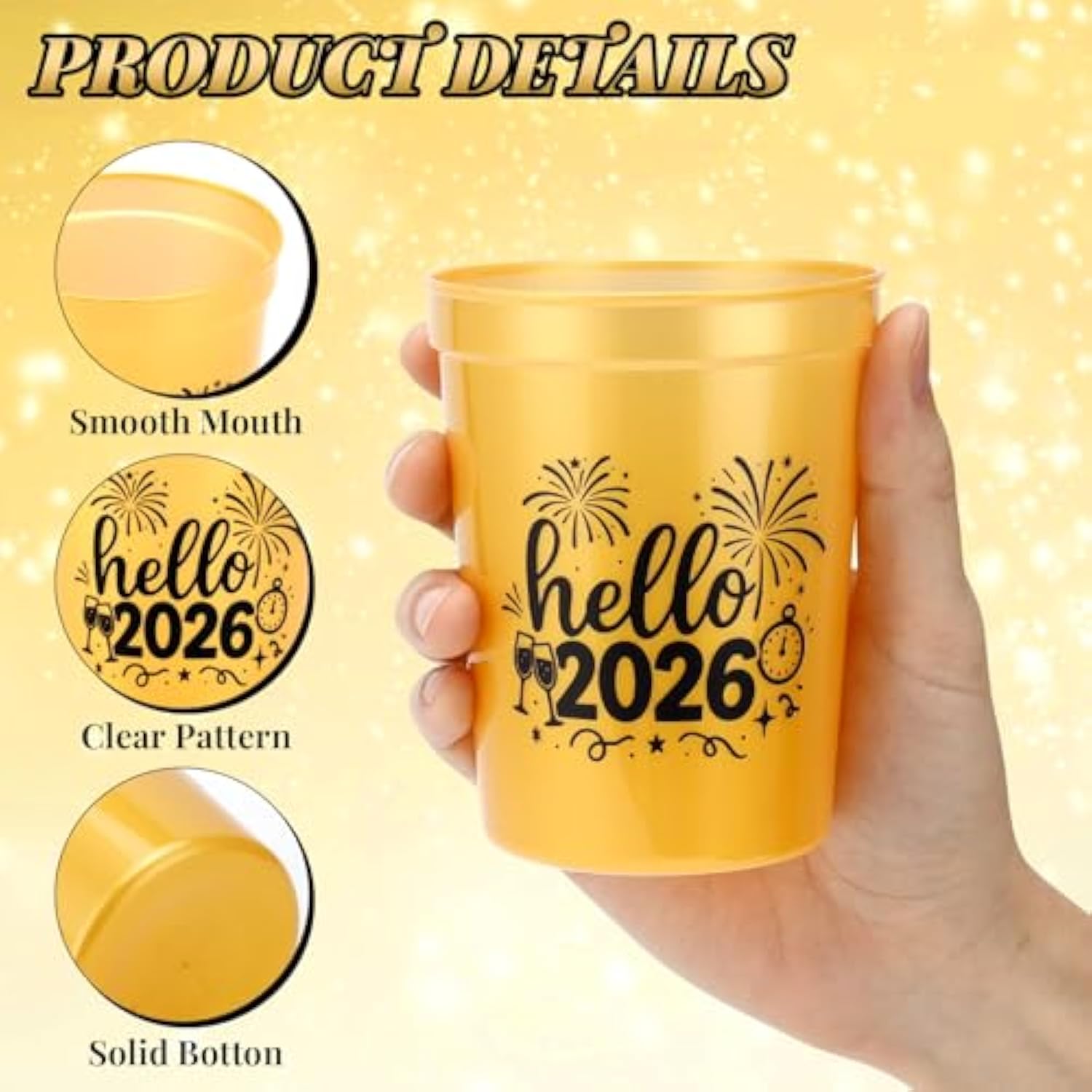 24 Pcs 16 Oz Black Gold 2026 New Year Cups with Paper Straws for Party Celebrations