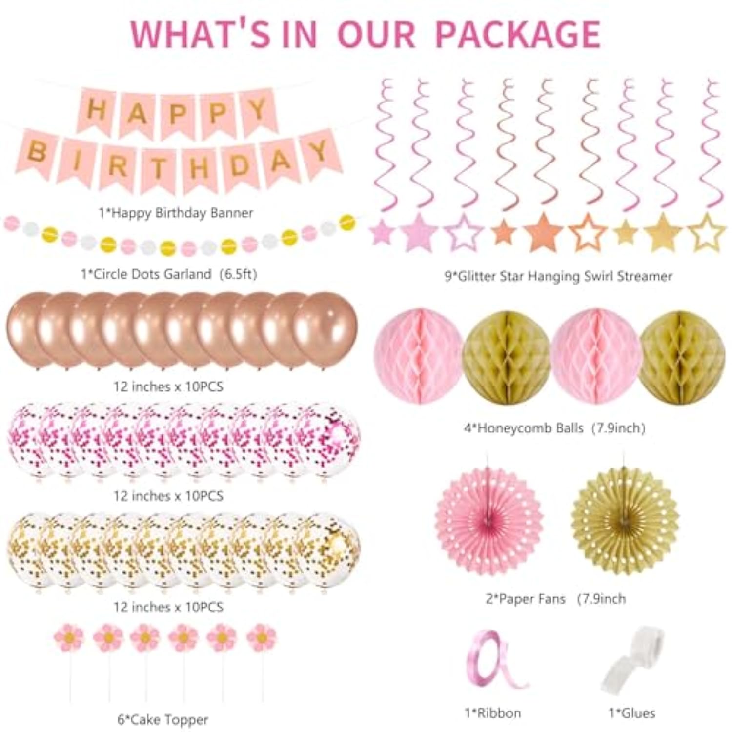 Birthday Decorations Pink Happy Birthday Banner Confetti Balloons Honeycomb Ball Circle Dots Garland Hanging Swirls Rose Gold Birthday Party Decor For Girls Women Princess