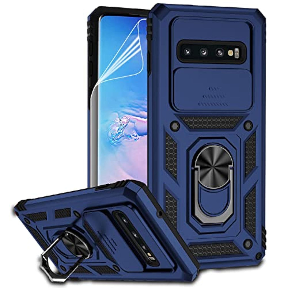 For Samsung Galaxy S10 Plus Case With Camera Lens Cover Hd Screen Protector, Military-Grade Drop Tested Magnetic Ring Holder Kickstand Protective Phone Case For Samsung Galaxy S10+ Plus (Navy Blue)