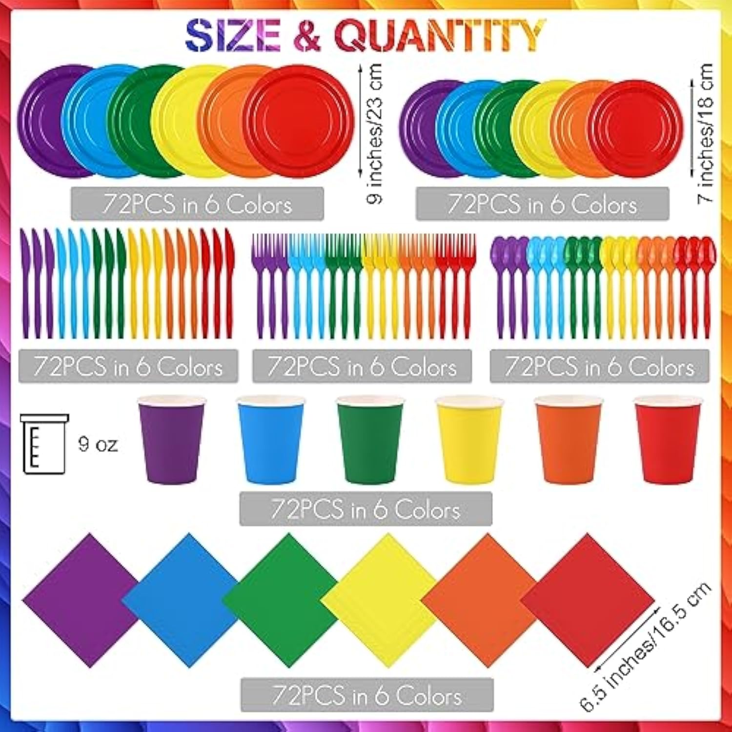 504-Piece Party Tableware Set - Rainbow Disposable Serves 72 Guests - 7" & 9" Paper Plates, 9Oz Cups, Napkins, Plastic Cutlery, Decorations, Neon Supplies