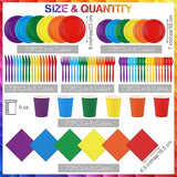 504-Piece Party Tableware Set - Rainbow Disposable Serves 72 Guests - 7" & 9" Paper Plates, 9Oz Cups, Napkins, Plastic Cutlery, Decorations, Neon Supplies