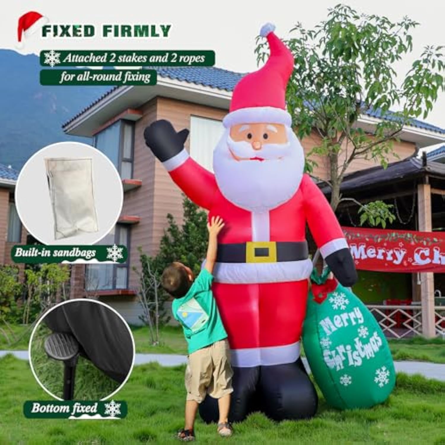 7 Ft Christmas Inflatable Santa Claus Indoor Outdoor Decoration, Giant Blow Up Santa Claus With Green Gift Bag, Built-In