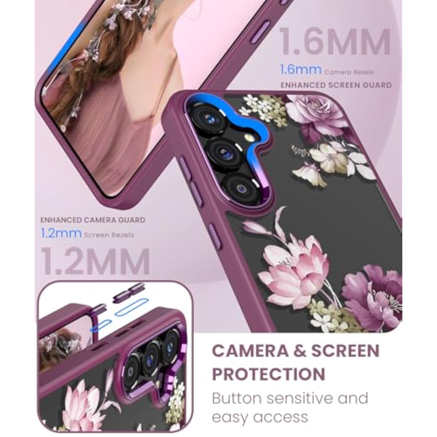 Purple Crystal Clear Flower Pattern Phone Case for Samsung Galaxy S26