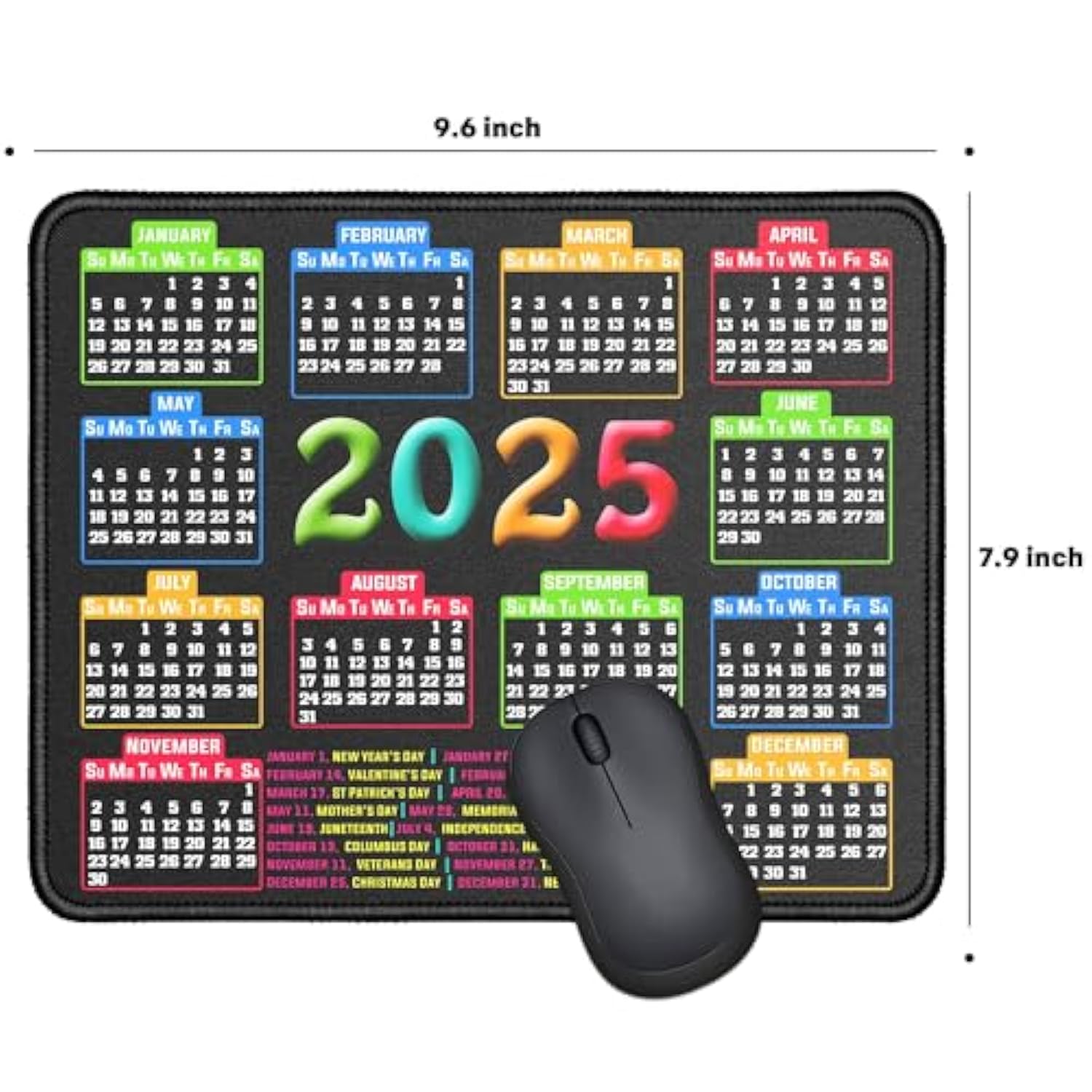 Mouse Pad With Stitched Edge, Computer Mouse Pad With Nonslip Rubber Base, Mouse Pads For Computers Laptop Mouse 9.6X7.9X0.1 Inch, (2025 Calendar Black)