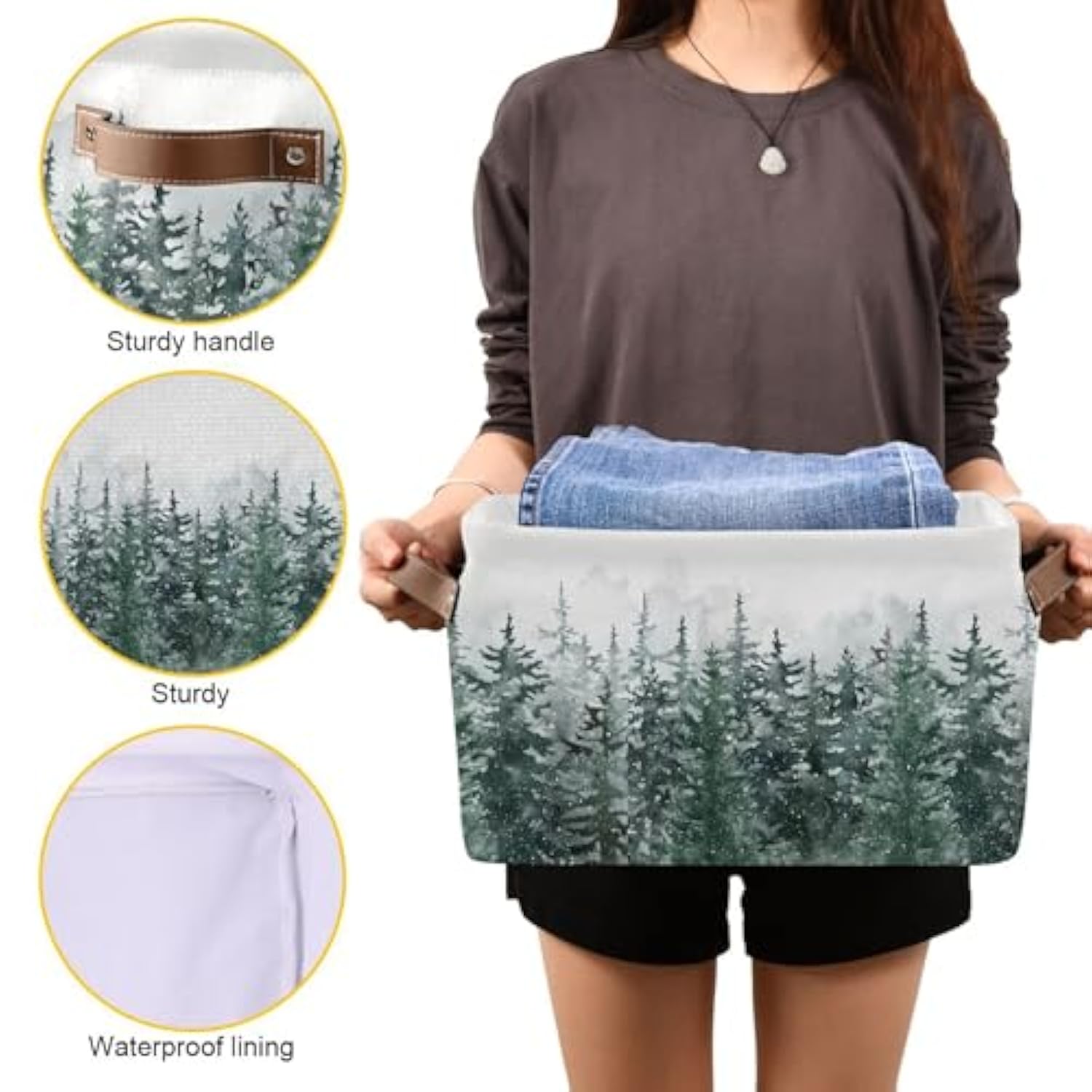 Winter Pine Forest Tree Storage Basket With Waterproof Liner And Pu Handles Christmas Snow Scene Storage Bins Boxes 14.2" Collapsible Decorative Organizer Baskets For Bedroom Closet Office 1 Pack