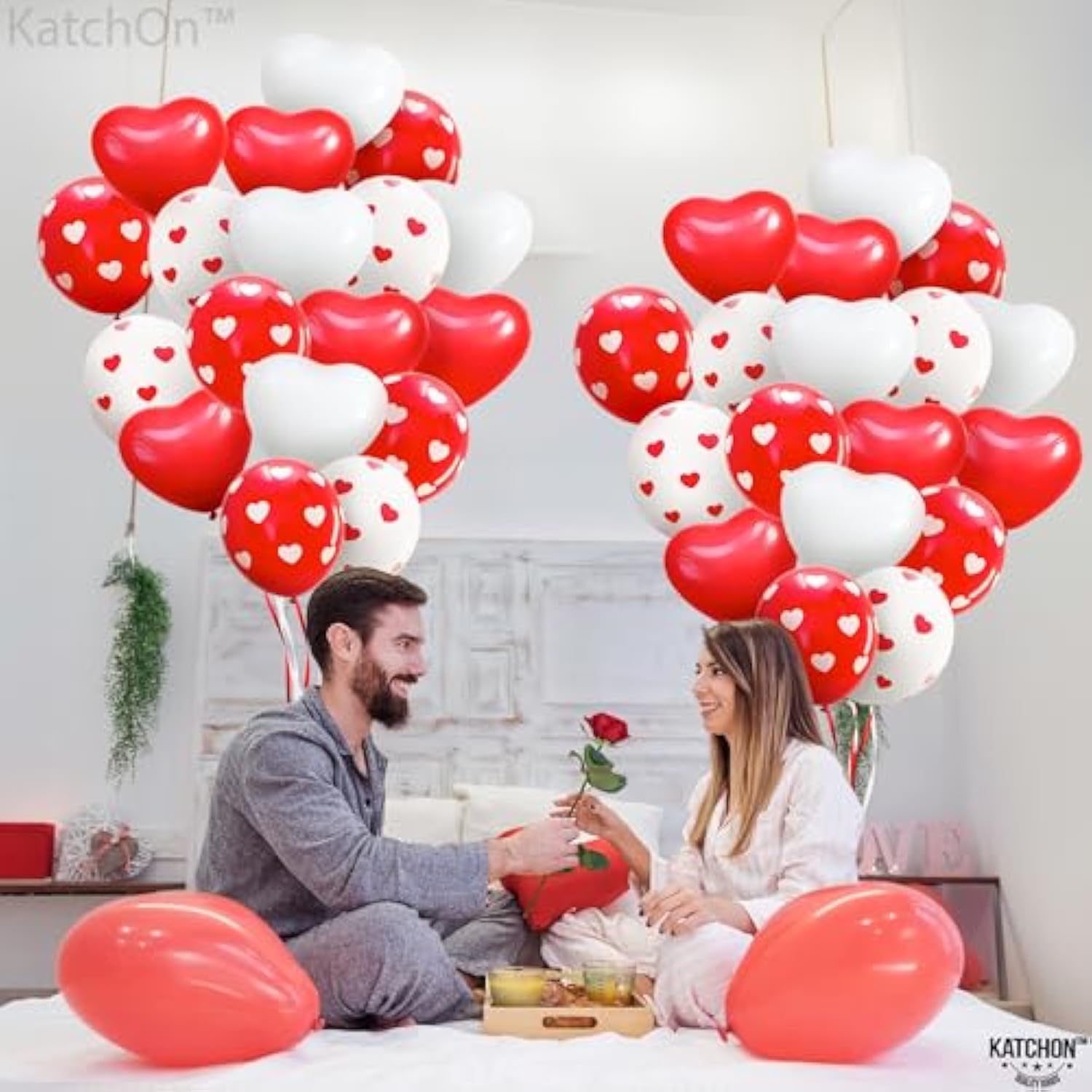 , Red And White Valentines Balloons - 12 Inch, Pack Of 40 | Heart Shap