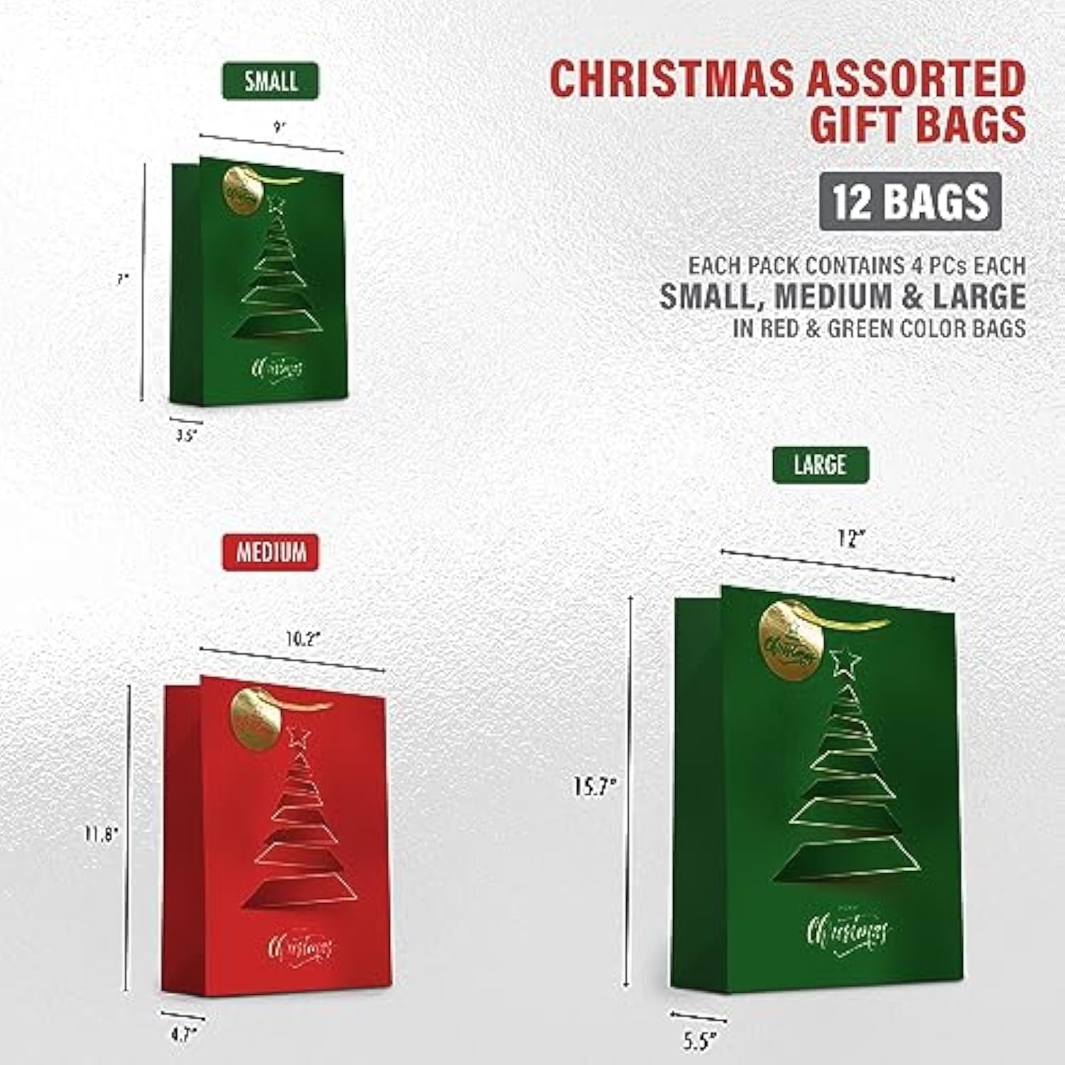 12 Christmas Gift Bags, Red & Green Metallic & Texture Finish With Golden & Spot Gloss Xmas Tree, Assorted Sizes With Handle (4 Extra Large 16", 4 Large 12", 4 Medium 9")