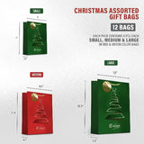 12 Christmas Gift Bags, Red & Green Metallic & Texture Finish With Golden & Spot Gloss Xmas Tree, Assorted Sizes With Handle (4 Extra Large 16", 4 Large 12", 4 Medium 9")