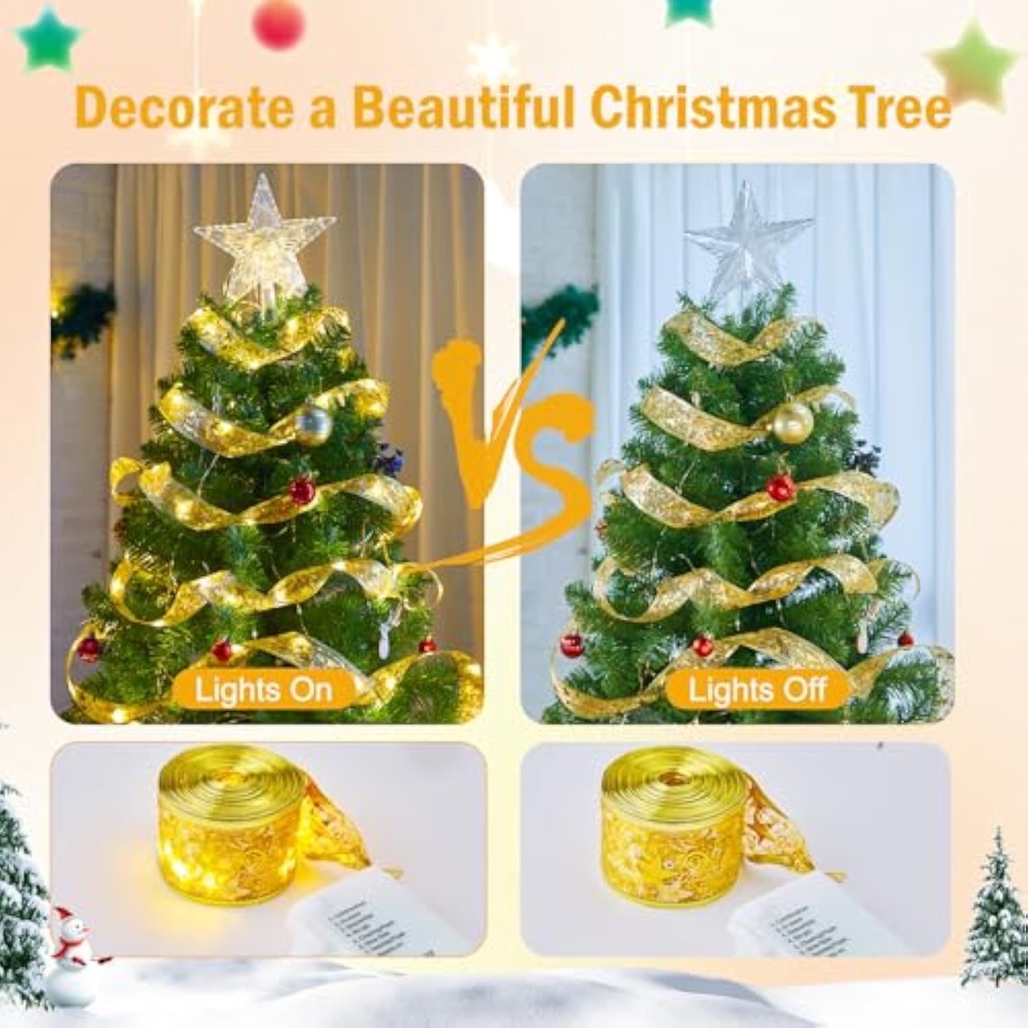 Christmas Tree Ribbon String Lights - 33Ft 100 Led Battery Powered Fairy Lights With Timer And 8 Lighting Modes, Christm