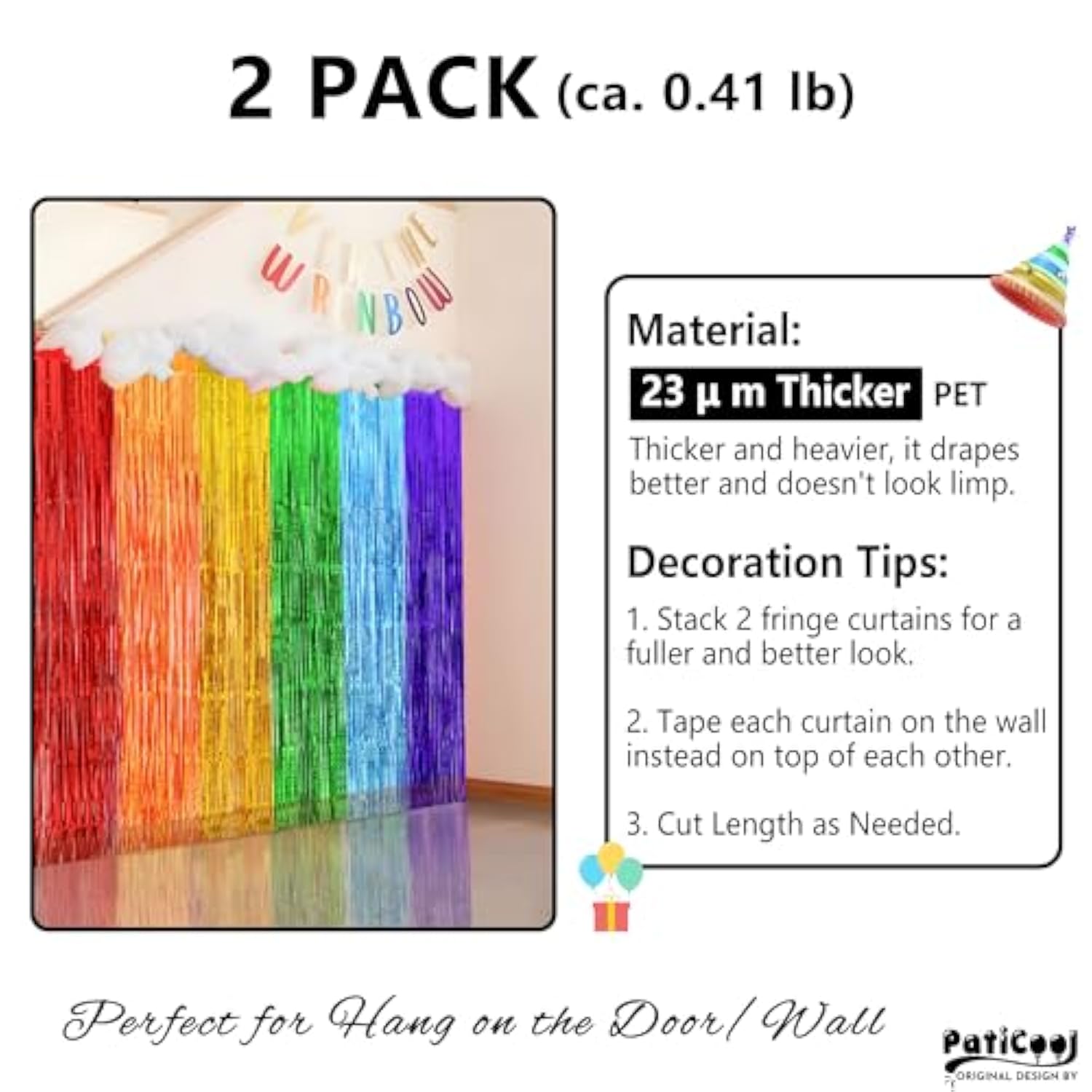 Pride Party Decorations - Rainbow Streamers Thicken 2 Pack 3.2 X 8.2 Ft - Rainbow Tinsel Foil Fringe Curtains, Photo Booth Props Backdrops For Birthday, Fiesta, Mexican, Pride, Baby Shower