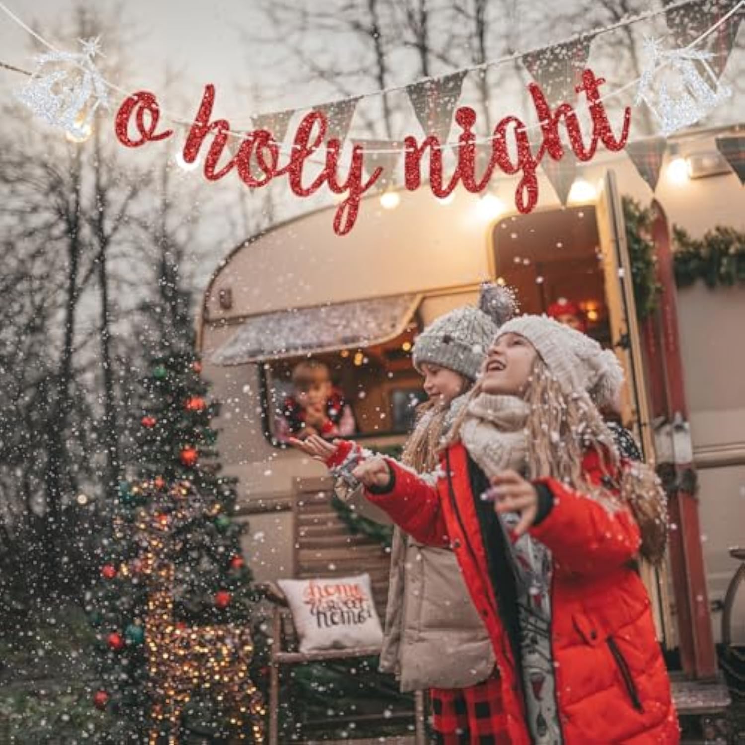 O Holy Night Banner, Jesus Nativity Scenes Banner For Religious Christmas Party, Jesus Xmas Eve Decorations, Merry Christmas Winter Holiday Party Decoration Red Glitter