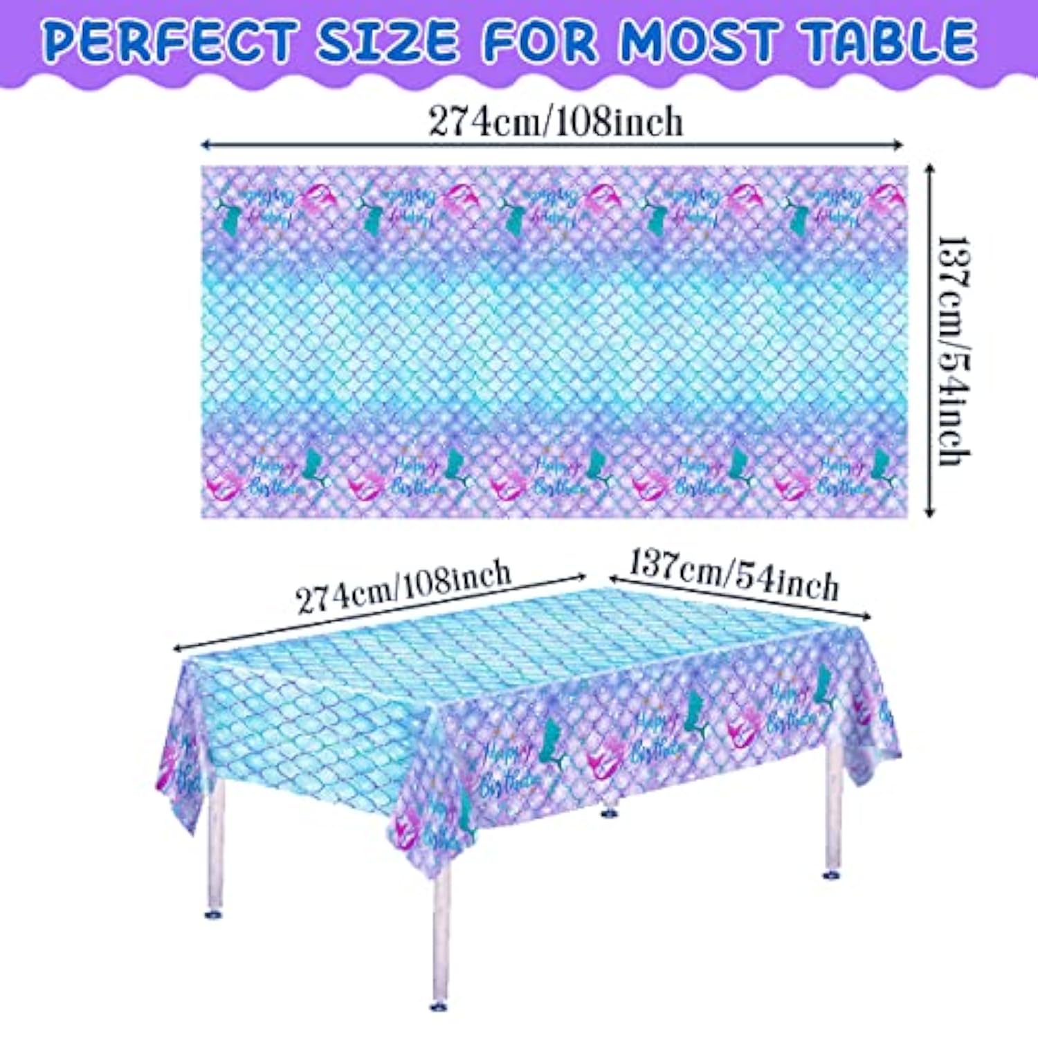 1Pcs Mermaid Birthday Tablecloth For Birthday Party Decoration, Plastic Disposable Rectangle Table Cover For Kids Girls Party Supplies, 54" X 108"