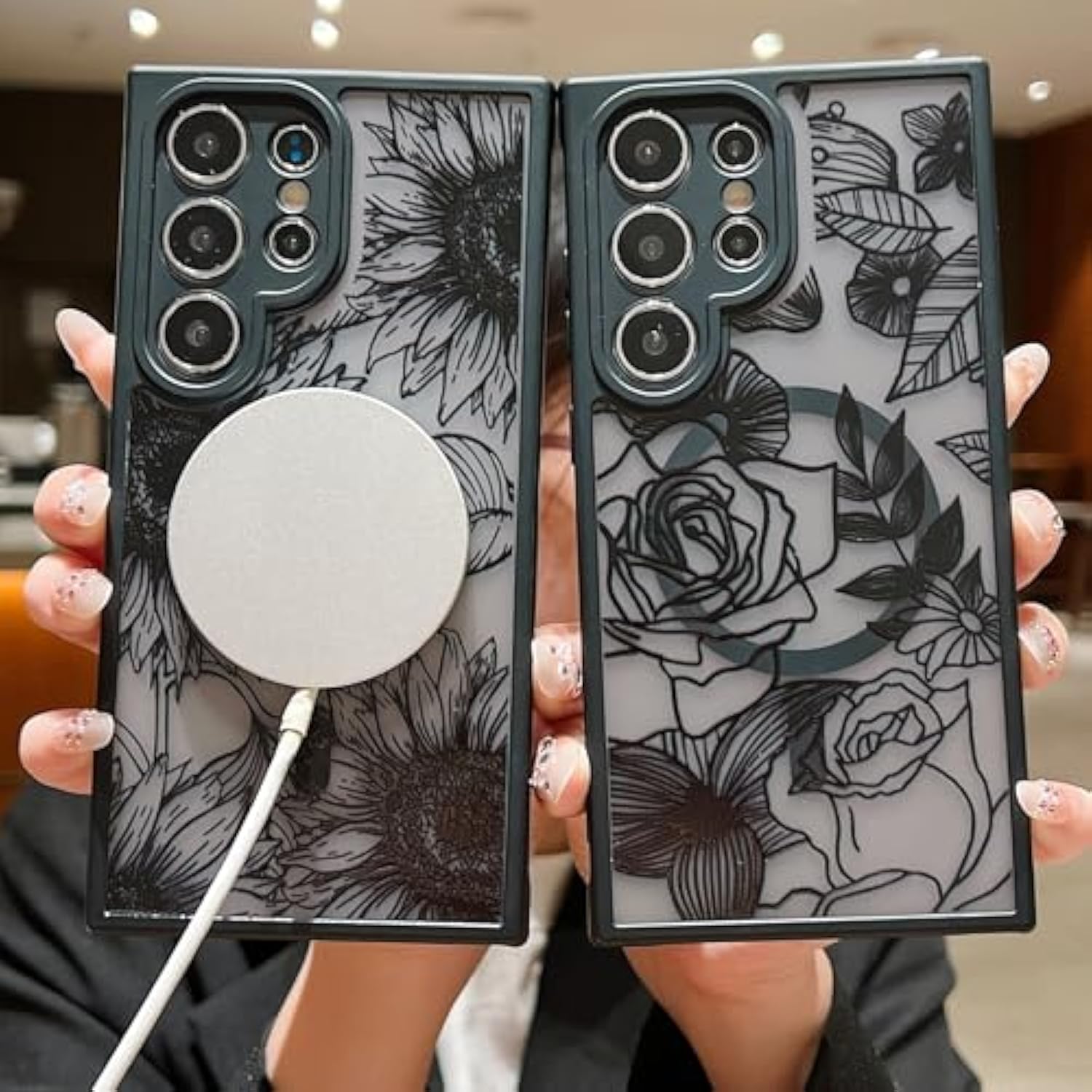 For Samsung Galaxy S25 Ultra Magnetic Floral Case, [Compatible With Magsafe] Cute Black Flower Phone Case For Women Girls Tpu Bumper Translucent Shockproof Case For Galaxy S25 Ultra,Sunflower