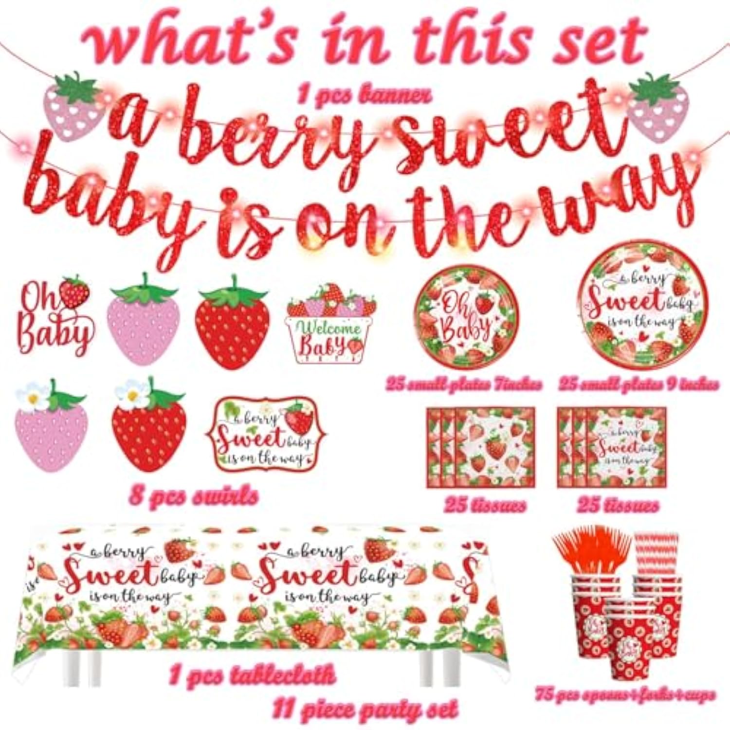 177pcs Berry Sweet Baby Shower Set – Banner, Tableware & Swirls for Girl
