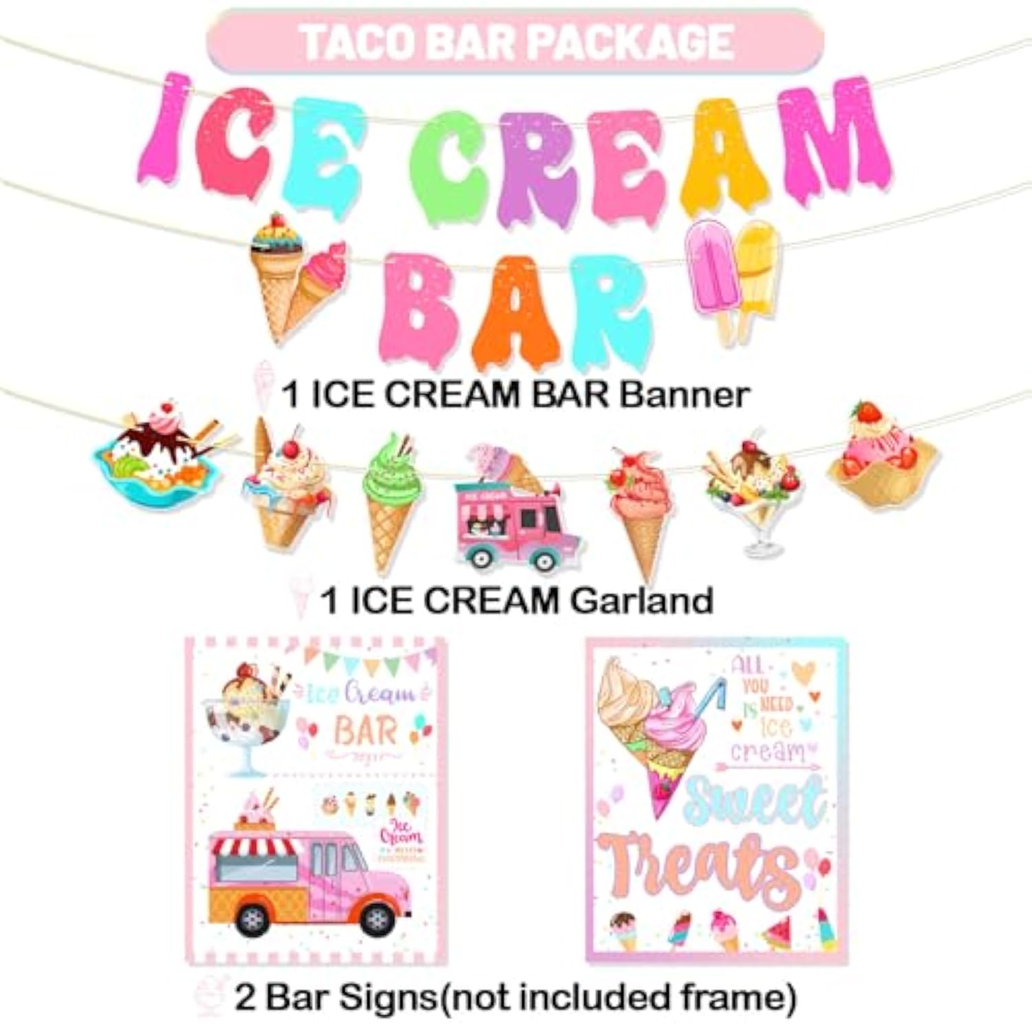 Pre-Strung Ice Cream Party Decor Kit Sundae Bar Sign for Birthday/Baby Shower