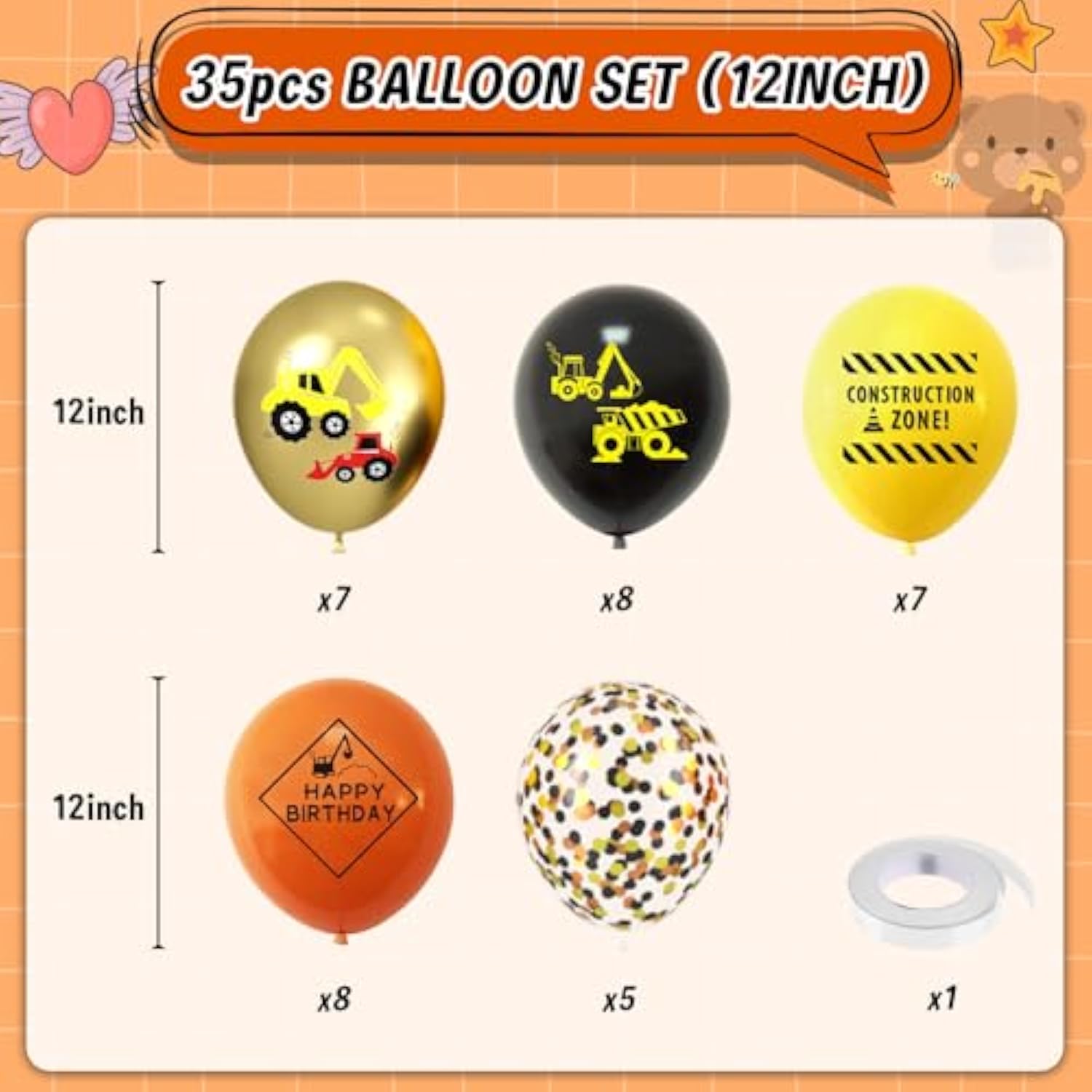 Construction Balloons, 12 Inch Gold Black Yellow Orange Confetti Balloons For Kids Boy Baby Shower Construction Themed Birthday Truck Party Graduation Supplies