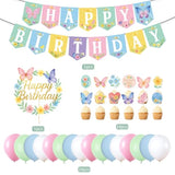 Butterfly Birthday Party Decorations For Girls, Pastel Happy Birthday Banner, 24 Balloons Pink Green Blue Ivory, Butterfly Cake Topper & 24 Cupcake Toppers, Spring Garden Birthday Party Supplies