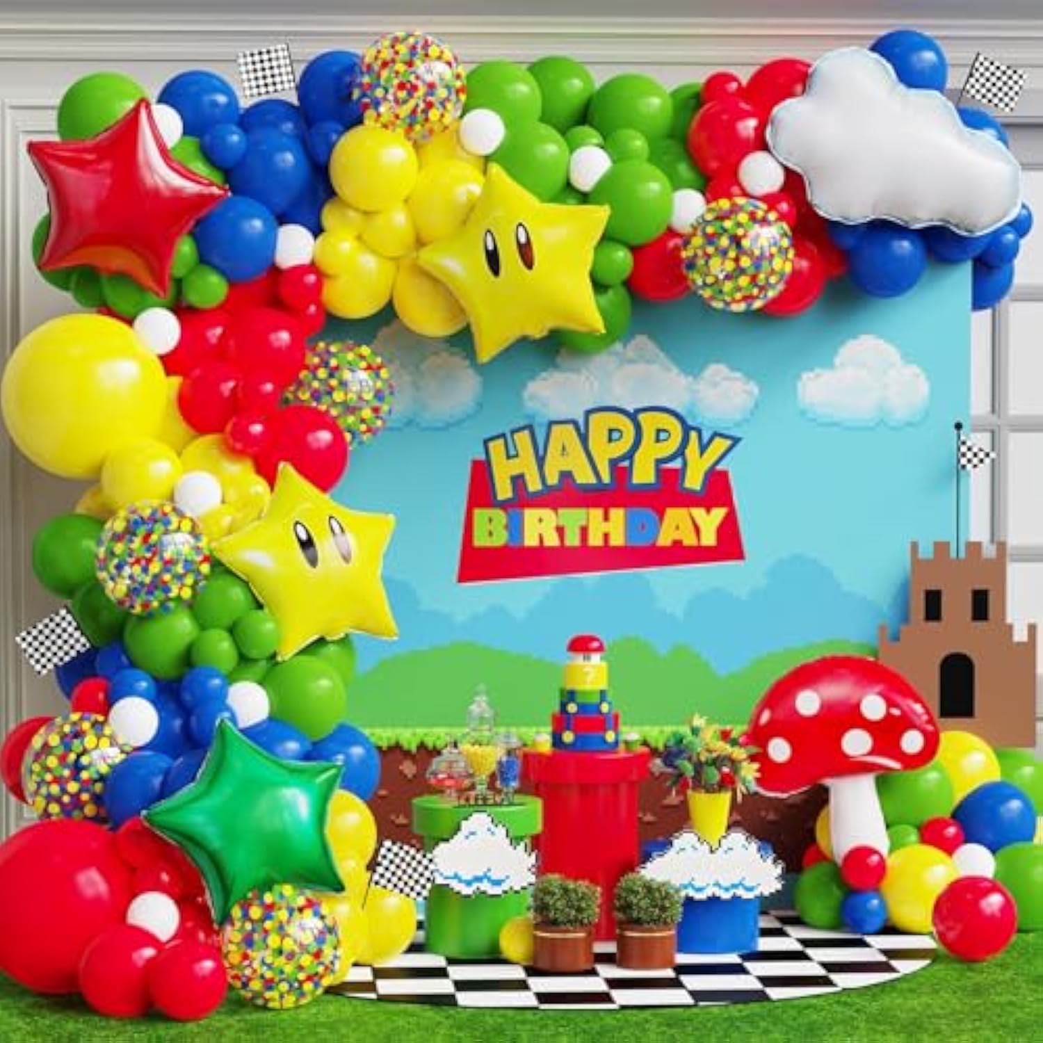 Red Blue Green Yellow Balloon Garland Kit With Confetti Cloud Mushroom Star Balloons For Bros Party Cartoon Video Game Theme Birthday Party Supplies