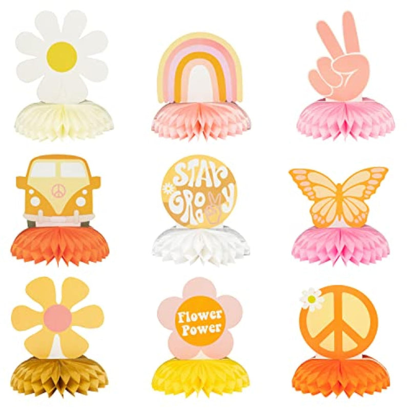 9Pcs Groovy Hippie Boho Party Honeycomb Centerpieces Retro Boho Rainbow Daisy Flower Butterfly Peace Theme Table Topper Birthday Party Decoration For Girls Teens Baby Shower Photo Booth Props