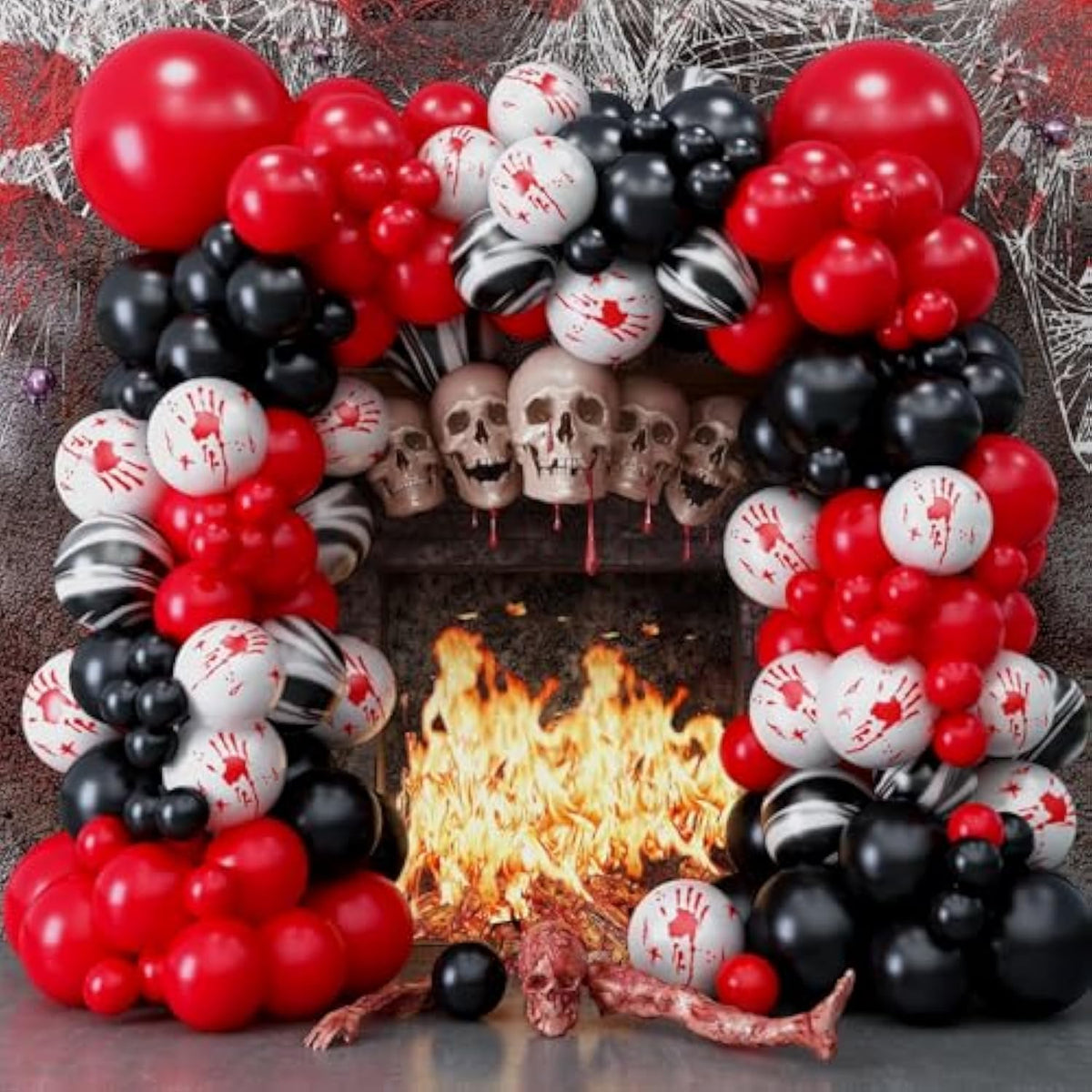 125Pc Halloween Balloon Arch Kit – Red Black with Marble & Bloody Hand Prints