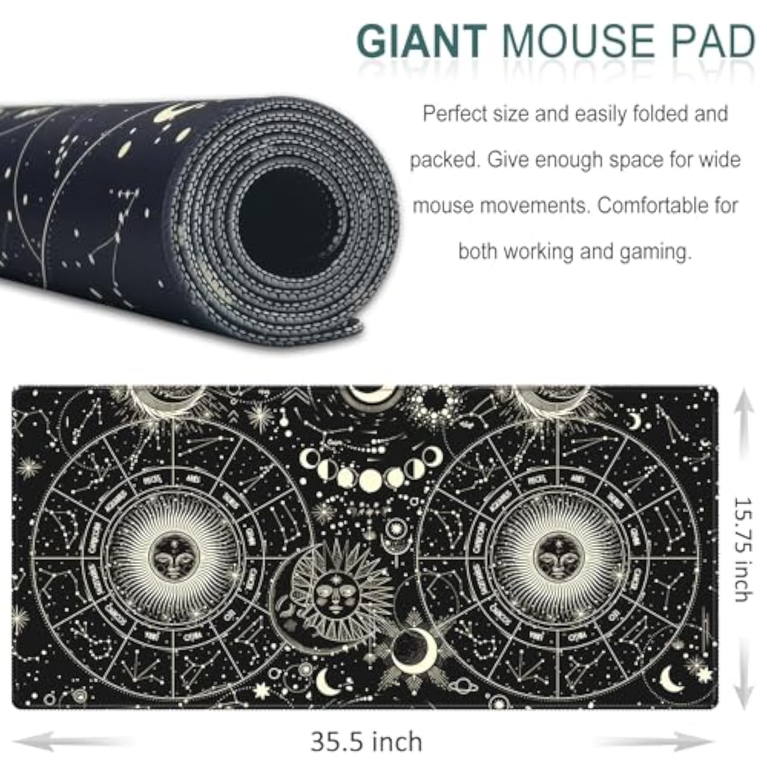 Xxl Large Gaming Mouse Pad & Desk Protector (35.5"X15.75") With Non-Slip Base, Waterproof Surface | Xxl Mouse Pad With Stitched Edges For Office Work, Gaming, Home Desk - Black Moon Sun
