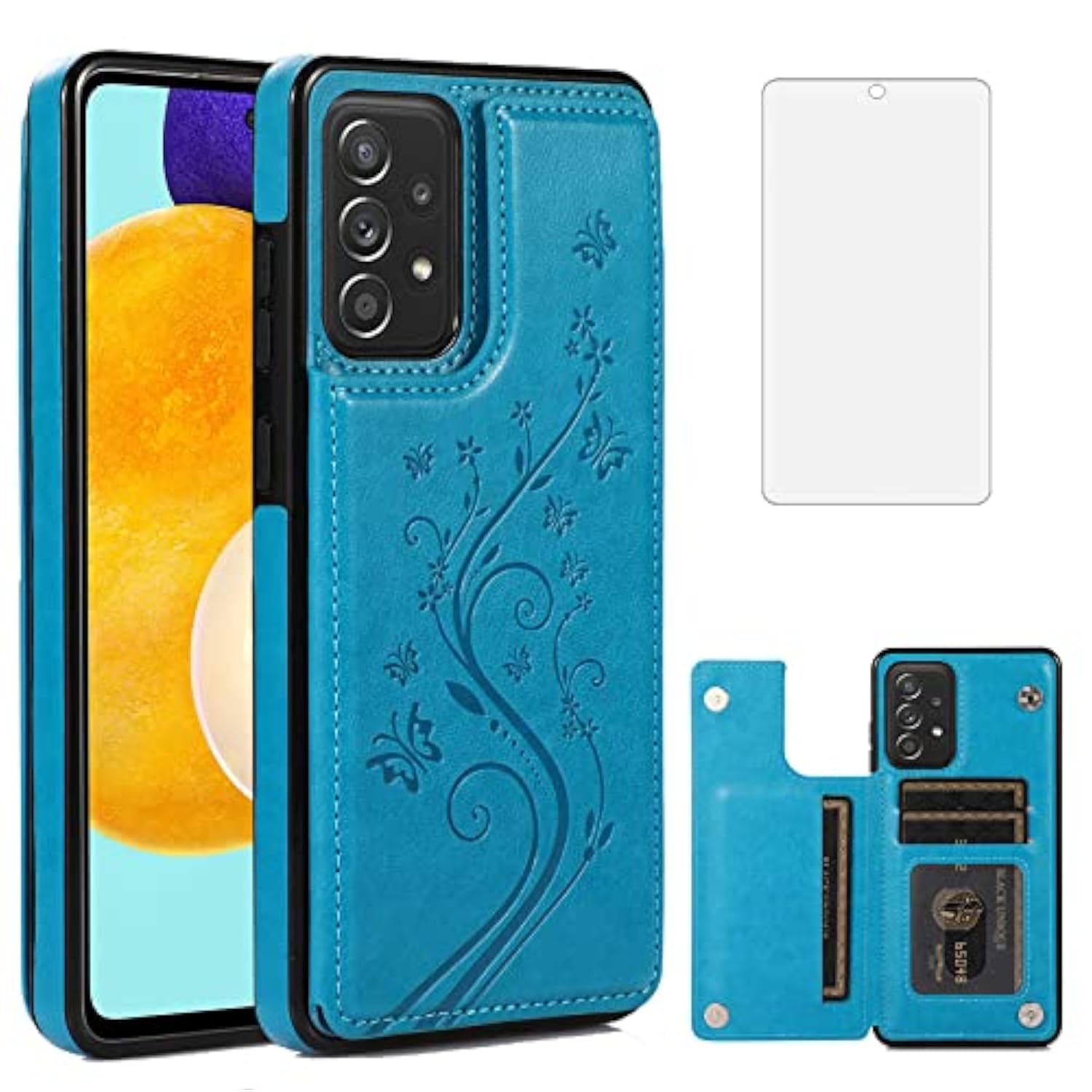 Phone Case For Samsung Galaxy A53 5G 2022 With Tempered Glass Screen Protector Card Holder Wallet Cover Stand Flip Leather Cell Accessories Gaxaly A53 G5 Galaxies 53A Sm A536U Cases Women Men Blue